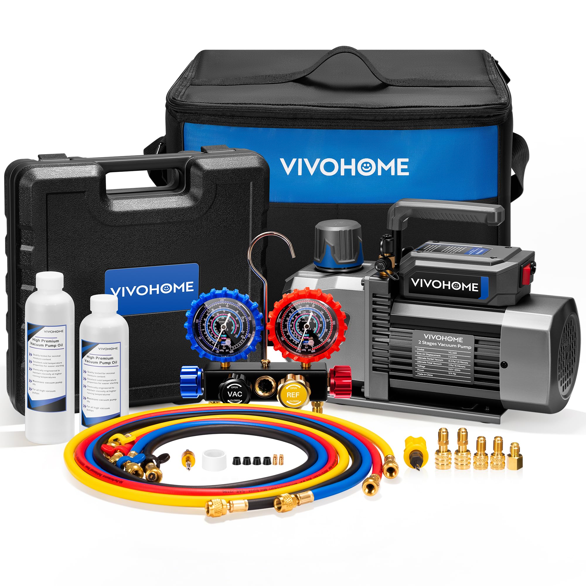VIVOHOME A2L AC Vacuum Pump and 4 Way Manifold Gauge Set, 3/4 HP 7.2CFM 2 Stage HVAC Vacuum Pump Kit with 5ft Hoses, Sparkless M