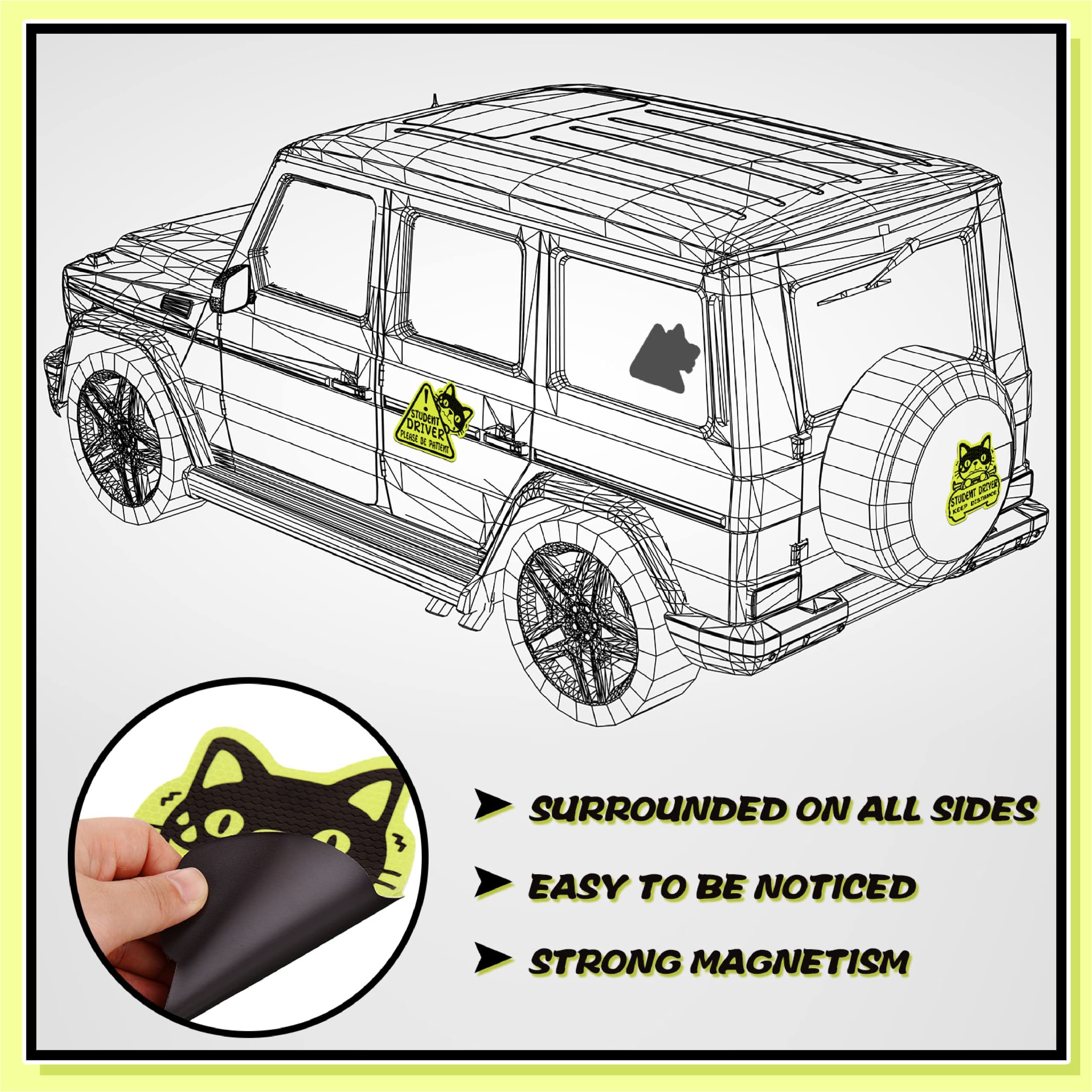 Tallew Set of 3 Reflective Student Driver Magnets - Classic Style Automotive Safety Decals, Keep Distance Sign for New Drivers