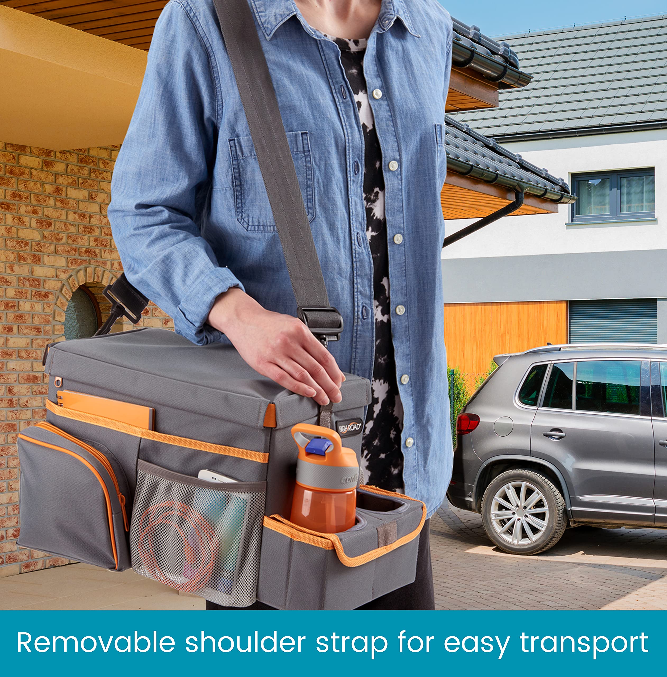 High Road CarHop Gray Car Seat Organizer for Kids & Adults - Medium with Cup Holder, Side Pockets & Cooler Compartment