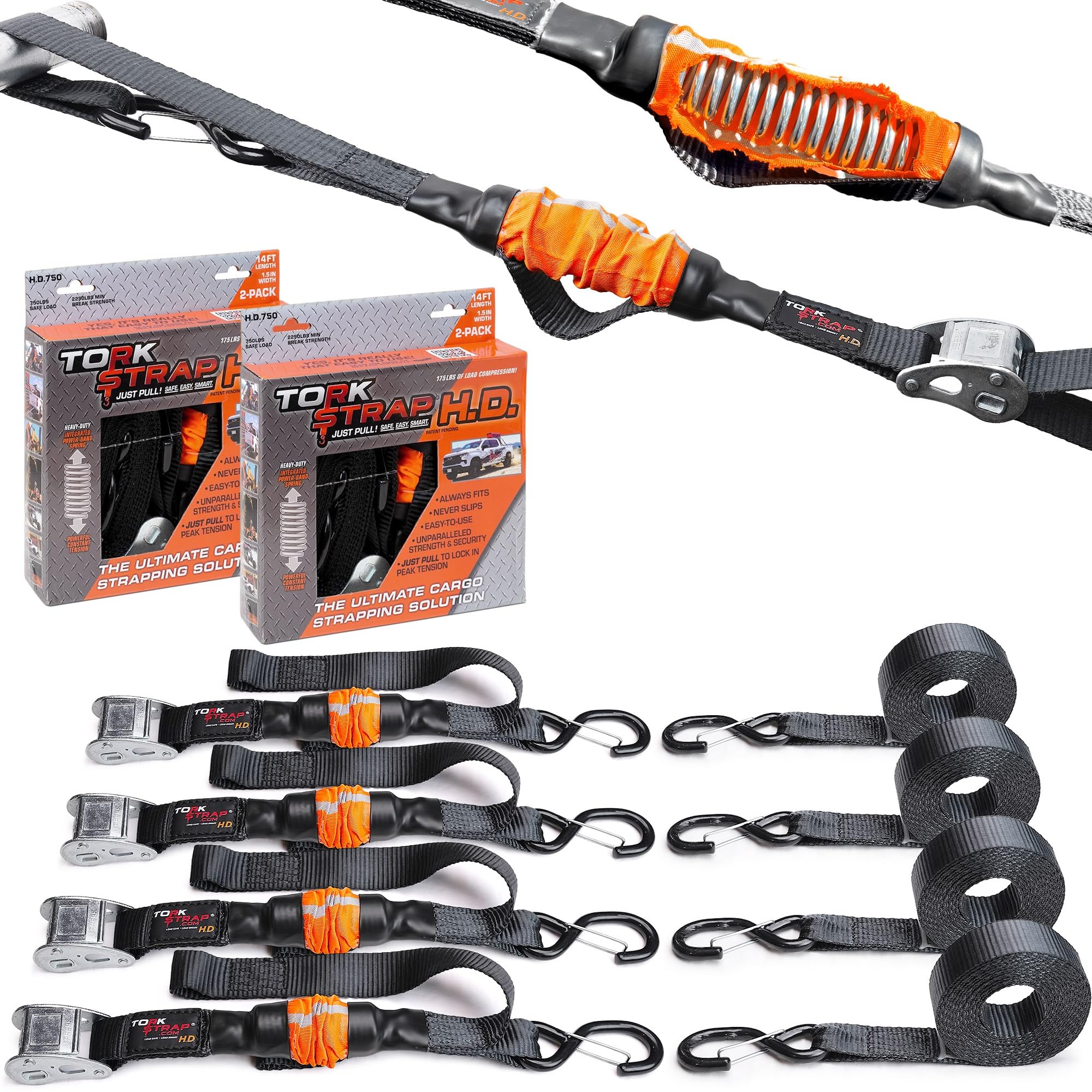 Torkstrap 14' X 1.5'' Self Tensioning Tie Down Straps [Patented] - Automatically Adapt To Load Shifts - 2,250Lb Break Strength -