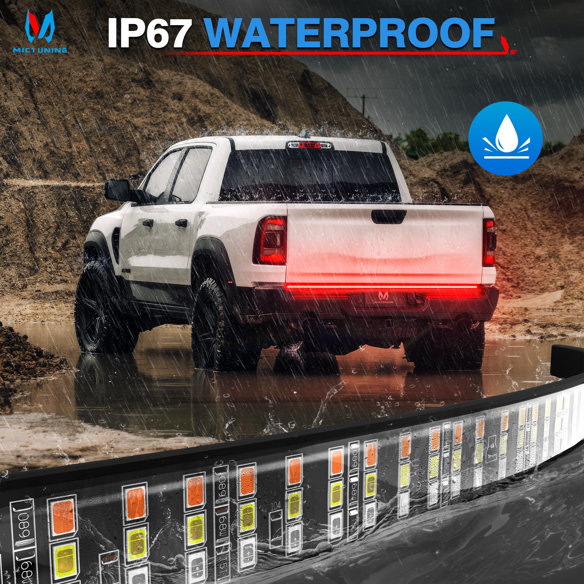 Mictuning 60 Inches Triple Row 432 Leds Tailgate Strip Light Waterproof With 4-Way Flat Connector - 5 Functions Sequential Amber