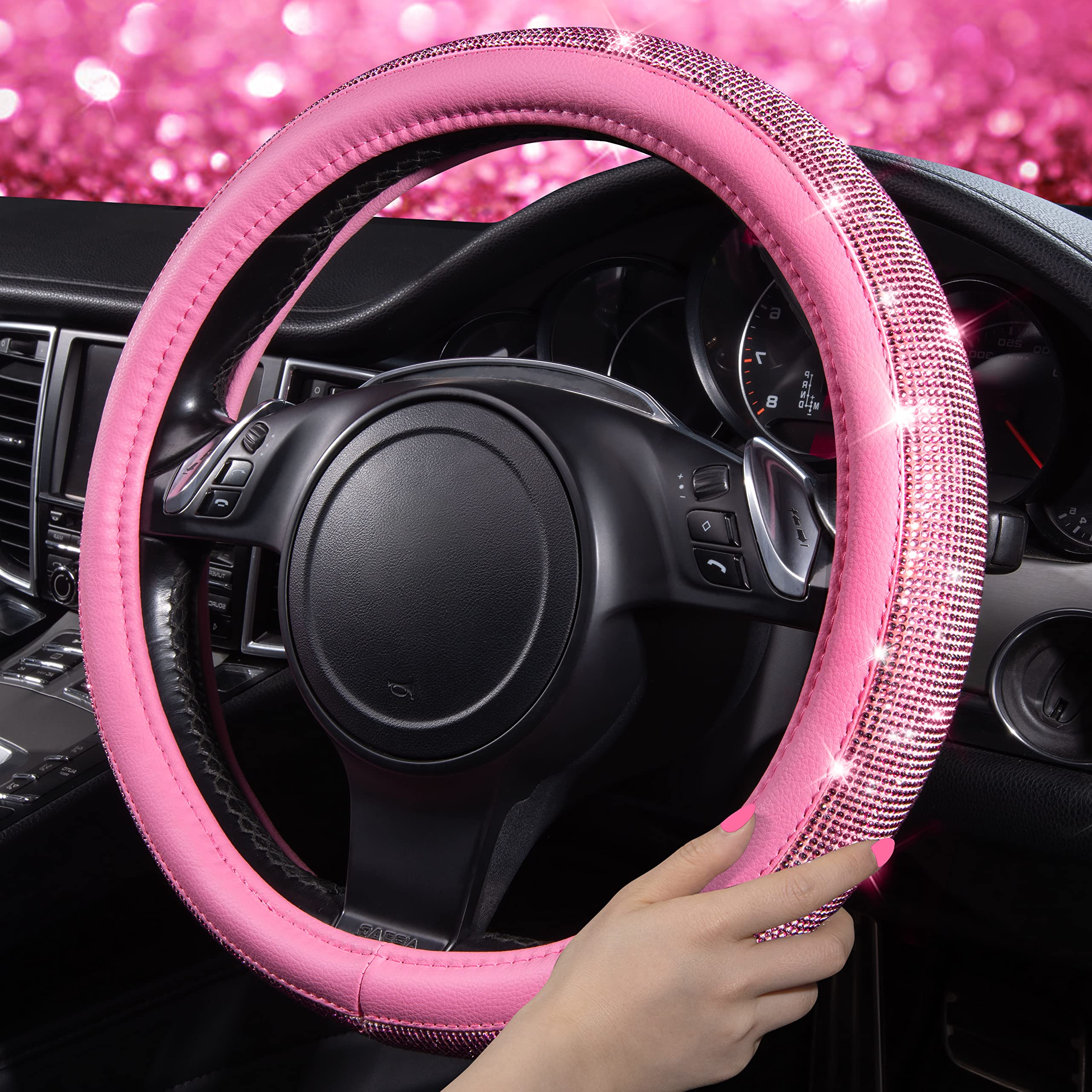 Car Pass 11 Pcs Bling Car Accessories Set For Women, Sparkly Rhinestone Diamond Steering Wheel Cover, Bling Seat Belt Cushion, S