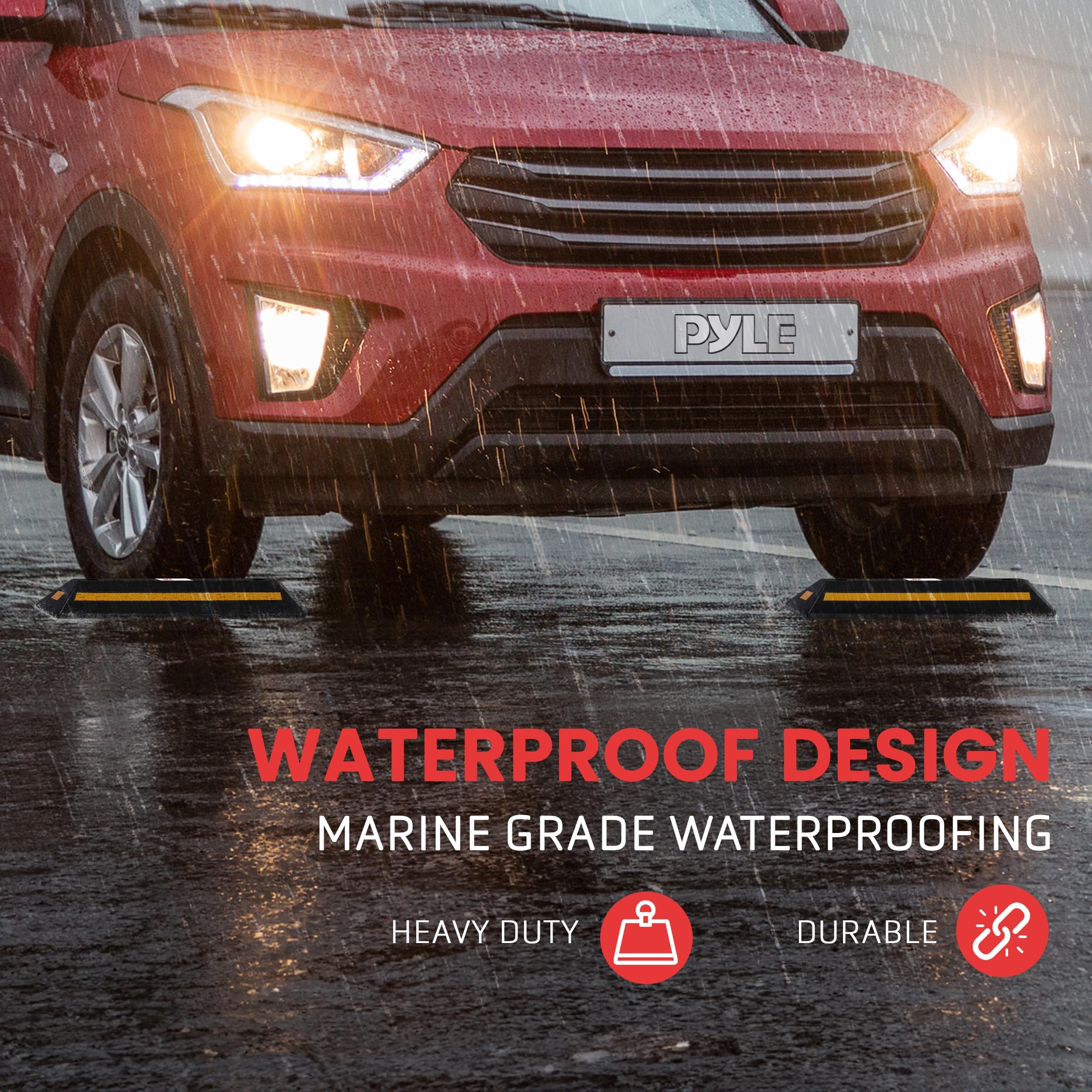 Pyle Garage Floor Stops For Vehicles - 2Pc Heavy Duty Rubber Vehicle Parking Lot Target Stoppers, Truck Curb Tire Wheel Guide Bl
