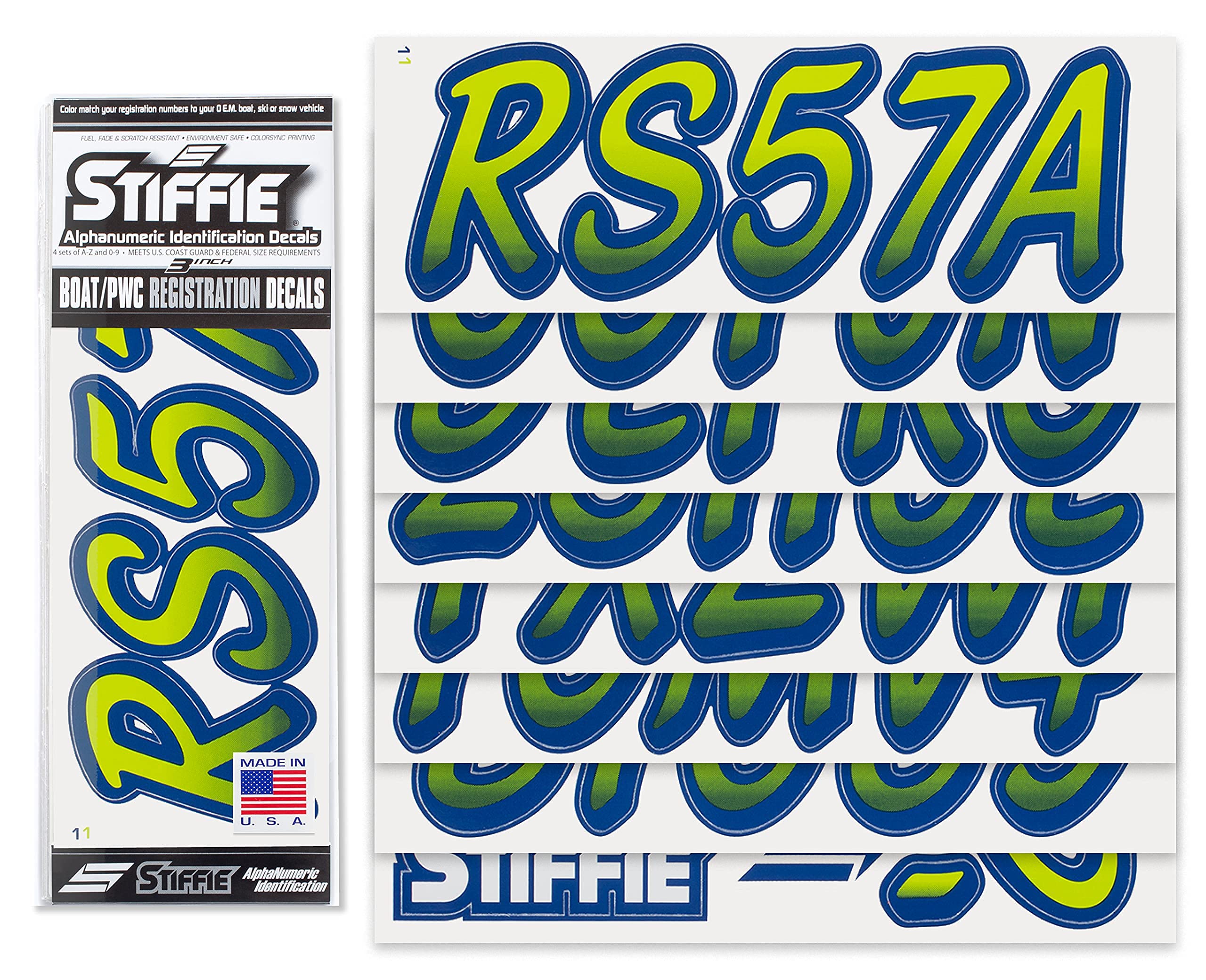STIFFIE Whipline Atomic Green/Navy 3'' Boat & PWC Registration Decals  Numbers Letters Stickers
