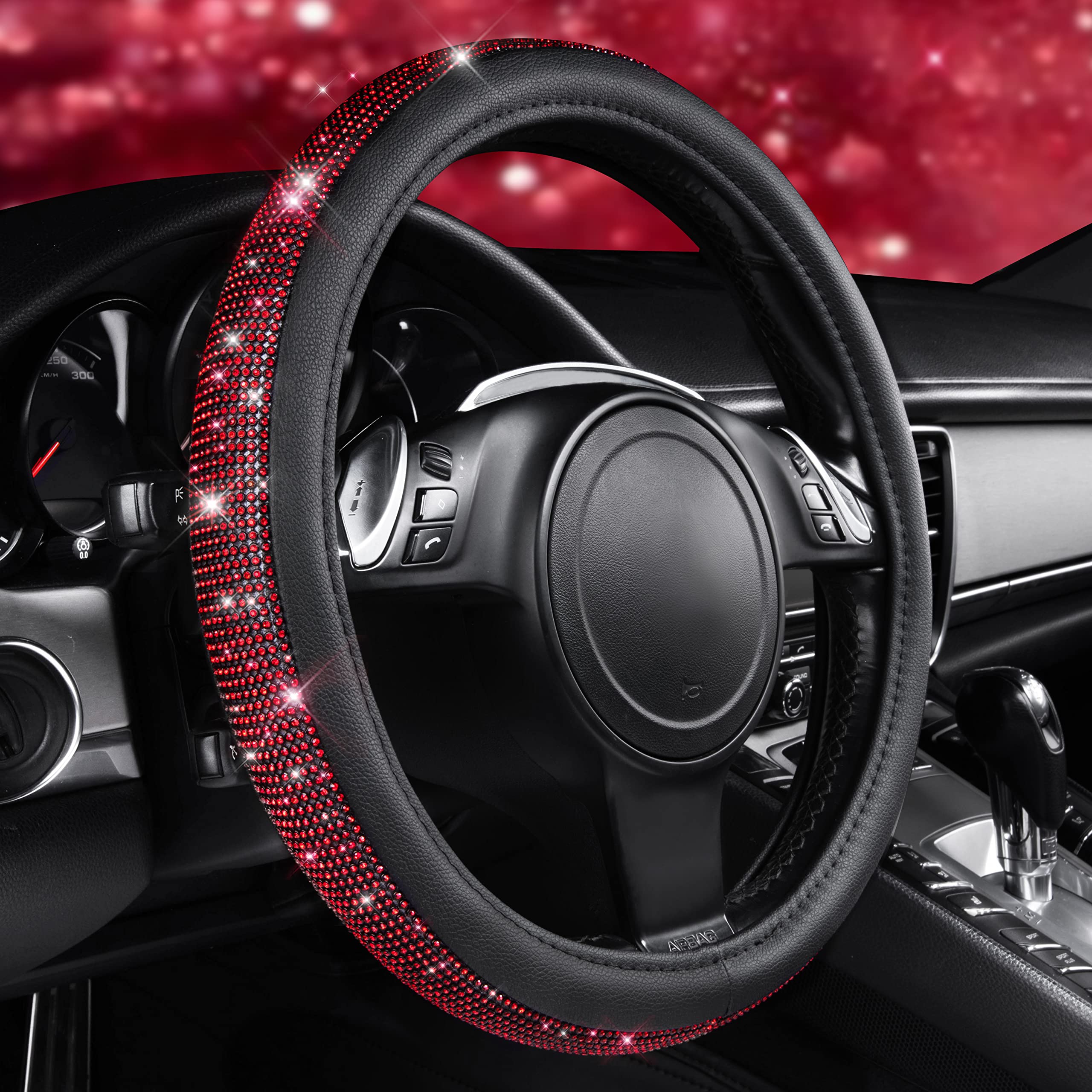 Car Pass Red Diamond Black Leather Steering Wheel Cover, With Bling Crystal Rhinestones Universal Fit 14'' 1/2-15'' Crystal Glit