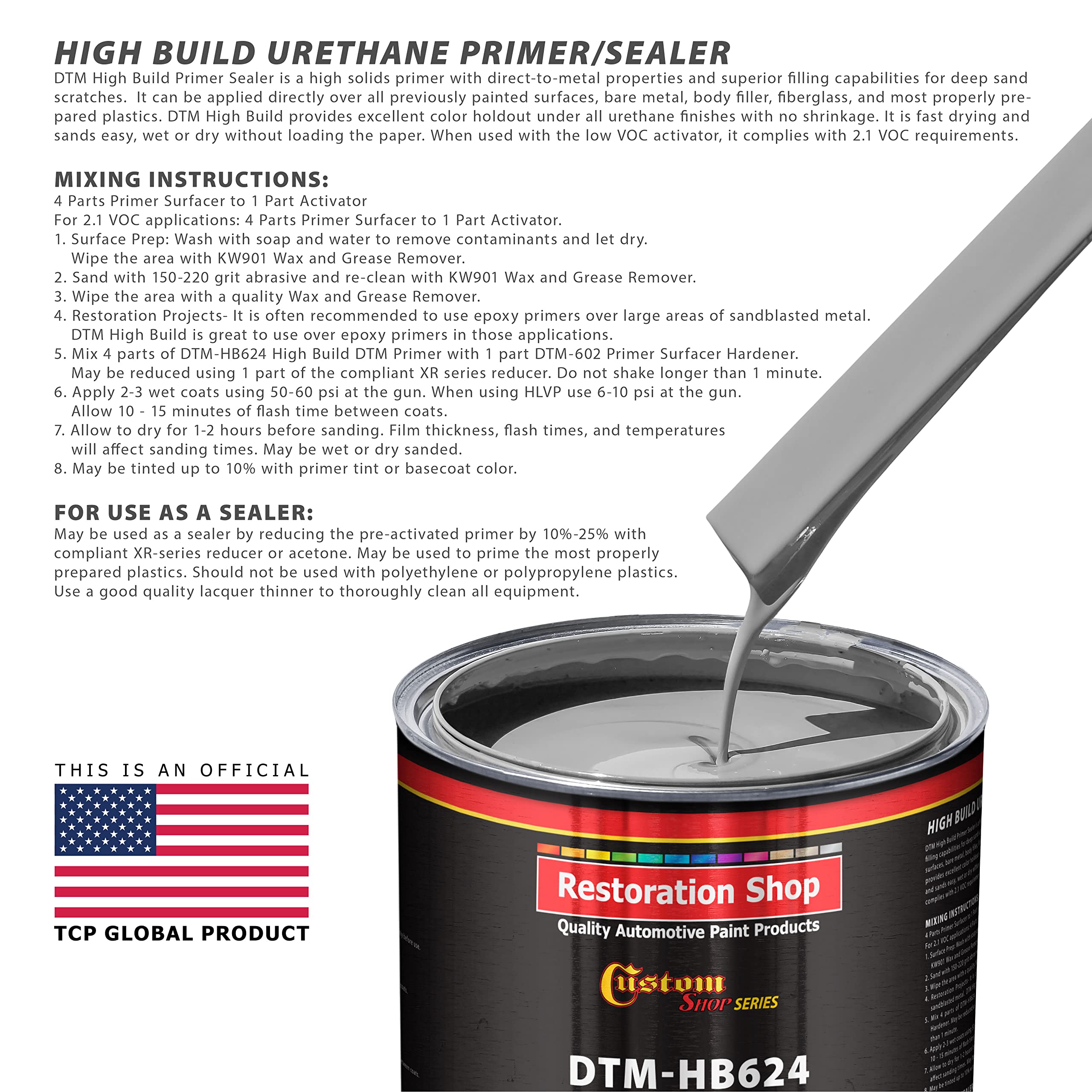 Custom Shop - Gray DTM High Build Urethane Primer Surfacer (Direct to Metal) 2.1 VOC (1-1/4 Quart Kit) Fast Dry High-Performance