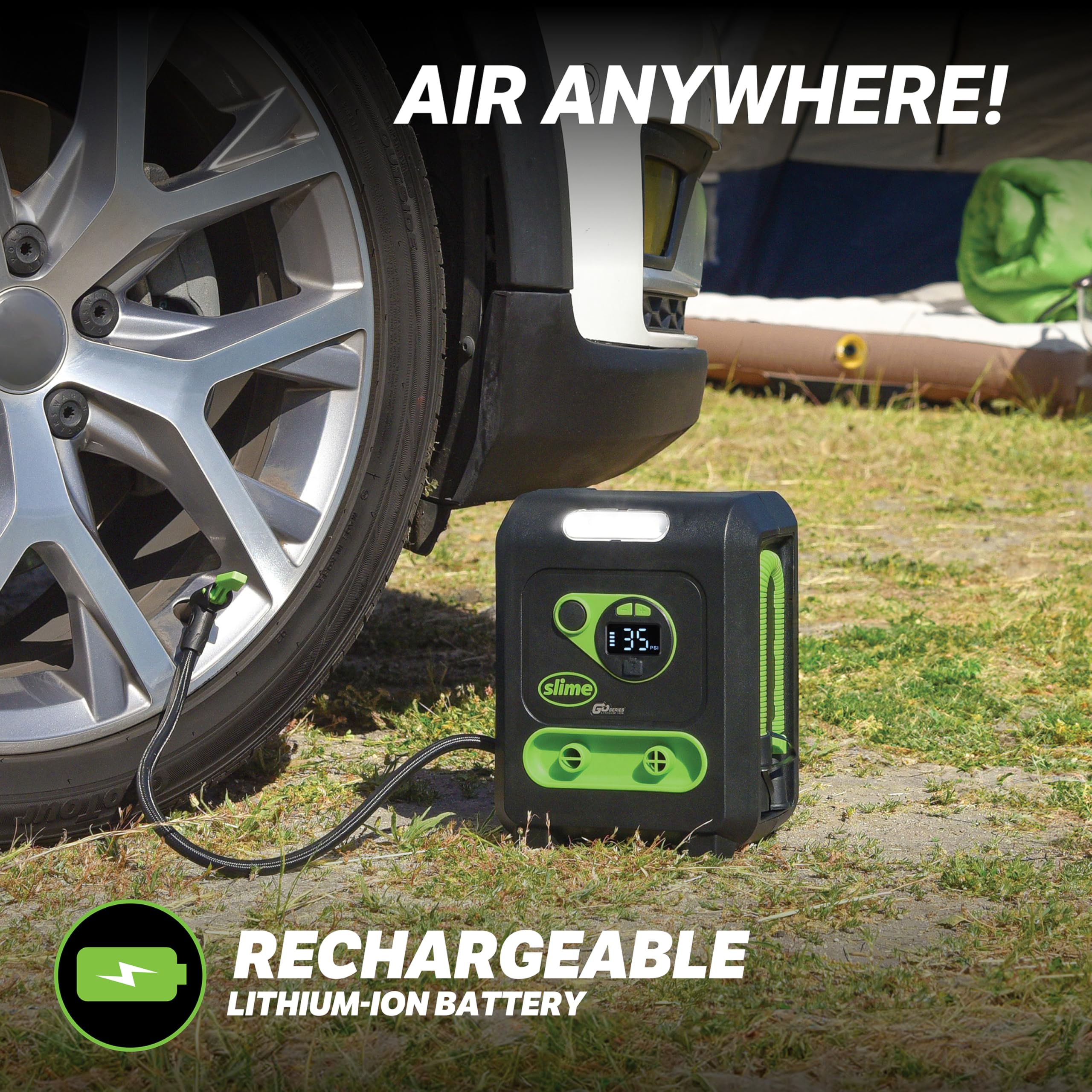 Slime 40085 Tire Inflator, Cordless, Multi-Purpose, Portable Air Compressor Pump, Auto Shut-Off, Lithium Ion Battery and LED Lig