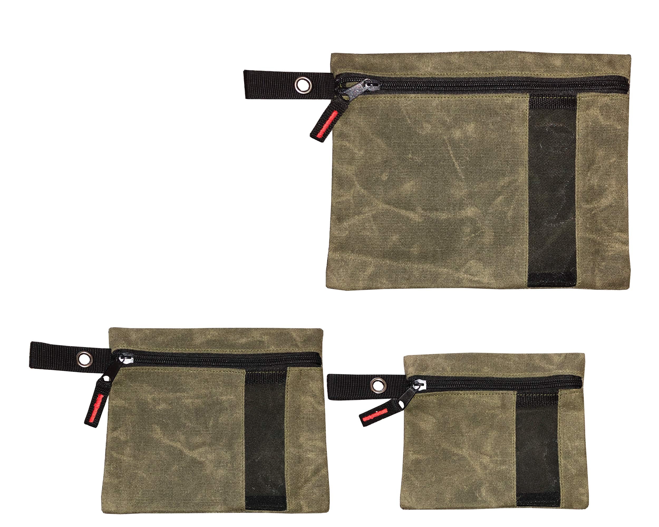 Overland Vehicle Systems Small Size 3-Bag Set Of Storage Bags With Mesh Windows- #12 Waxed Canvas - Infused With Paraffin Wax Waterproofing - Universal For, Tools, Automotive, And More!