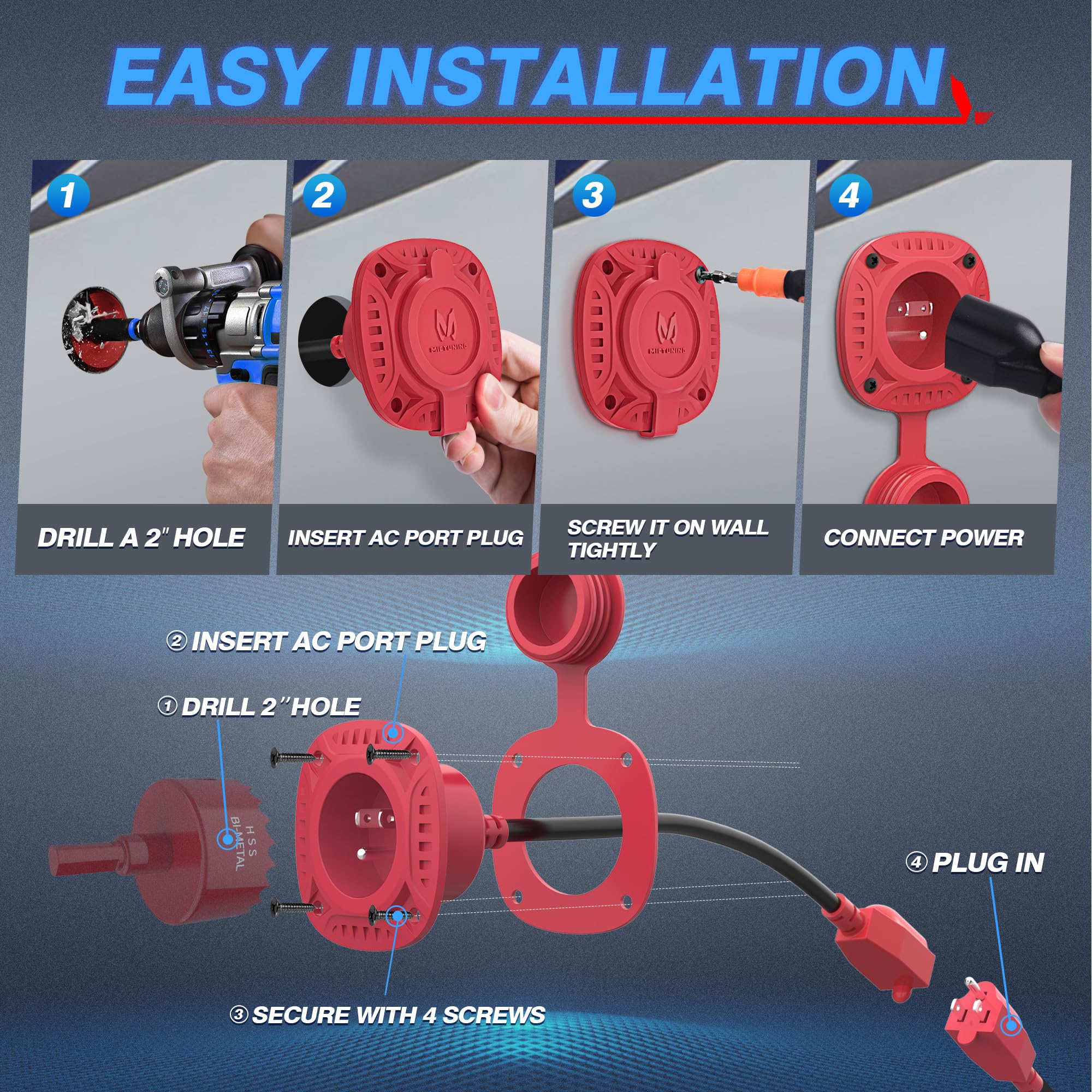 Mictuning 15Amp 125V Ac Port Plug With 20'' Integrated Heavy Duty Extension Cord And Water-Resistant Cap - Red