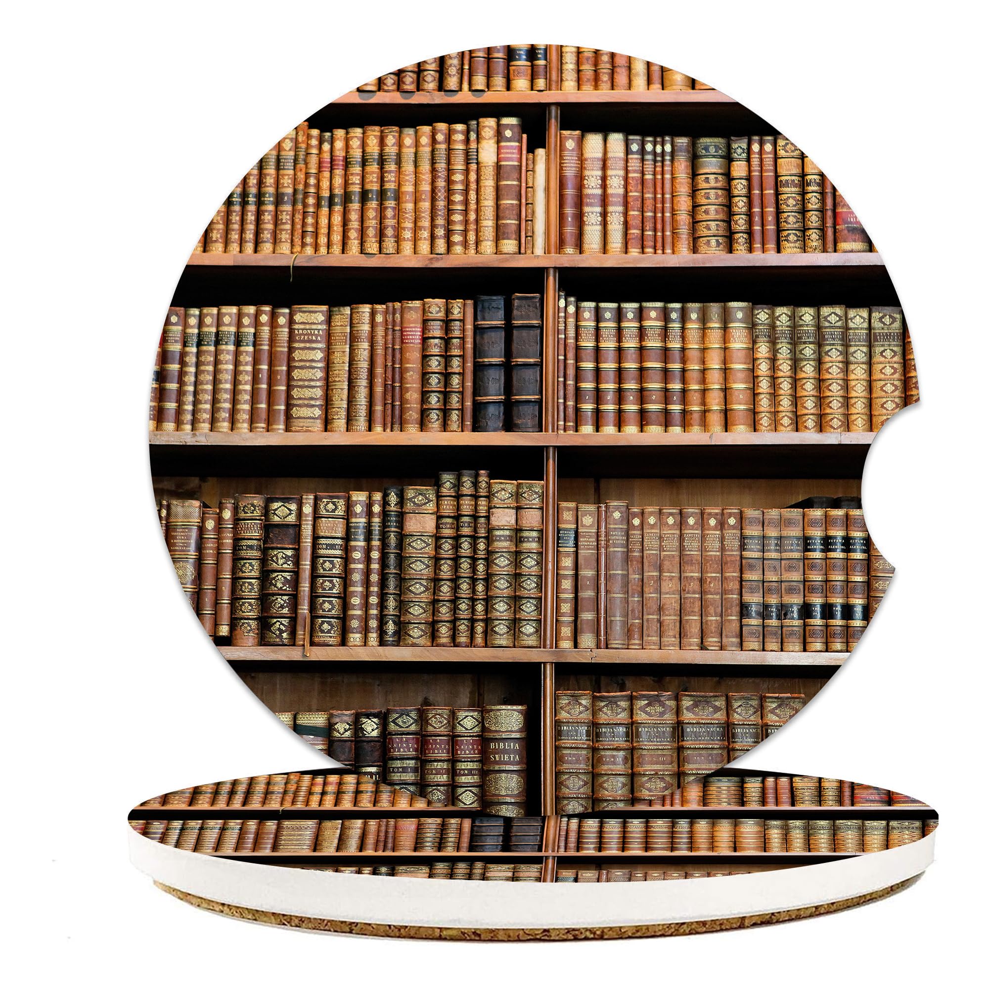 Old Books Library Car Coasters For Cup Holders, Car Accessories, 2 Pack Absorbent Ceramic Car Cup Holder Coasters For Drinks, Fo