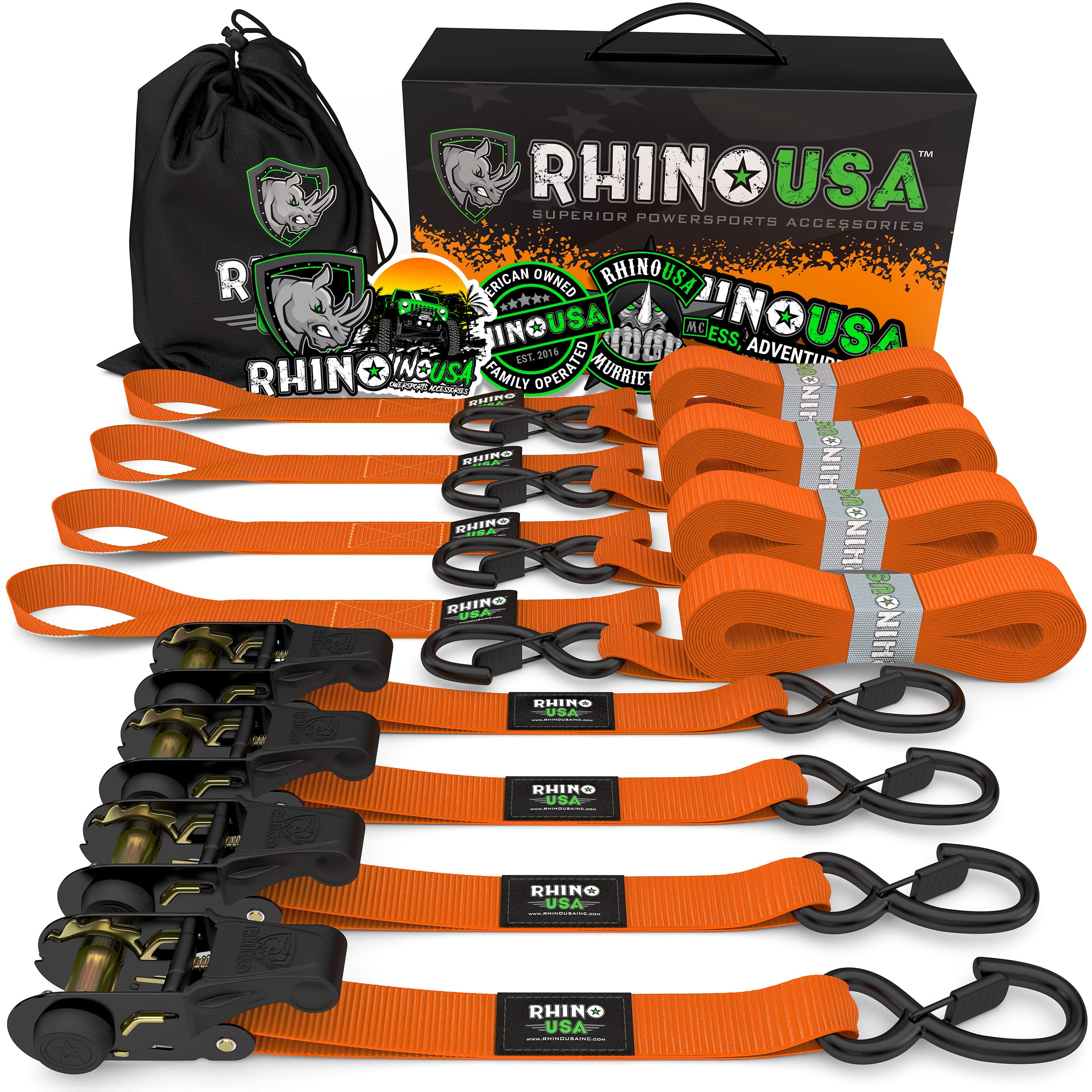 Rhino Usa Ratchet Tie Down Straps (4Pk) - 1,823Lb Guaranteed Max Break Strength, Includes (4) Premium 1 X 15' Rachet Tie Downs With Padded Handles. Best For Moving, Securing Cargo (Black 4-Pack)
