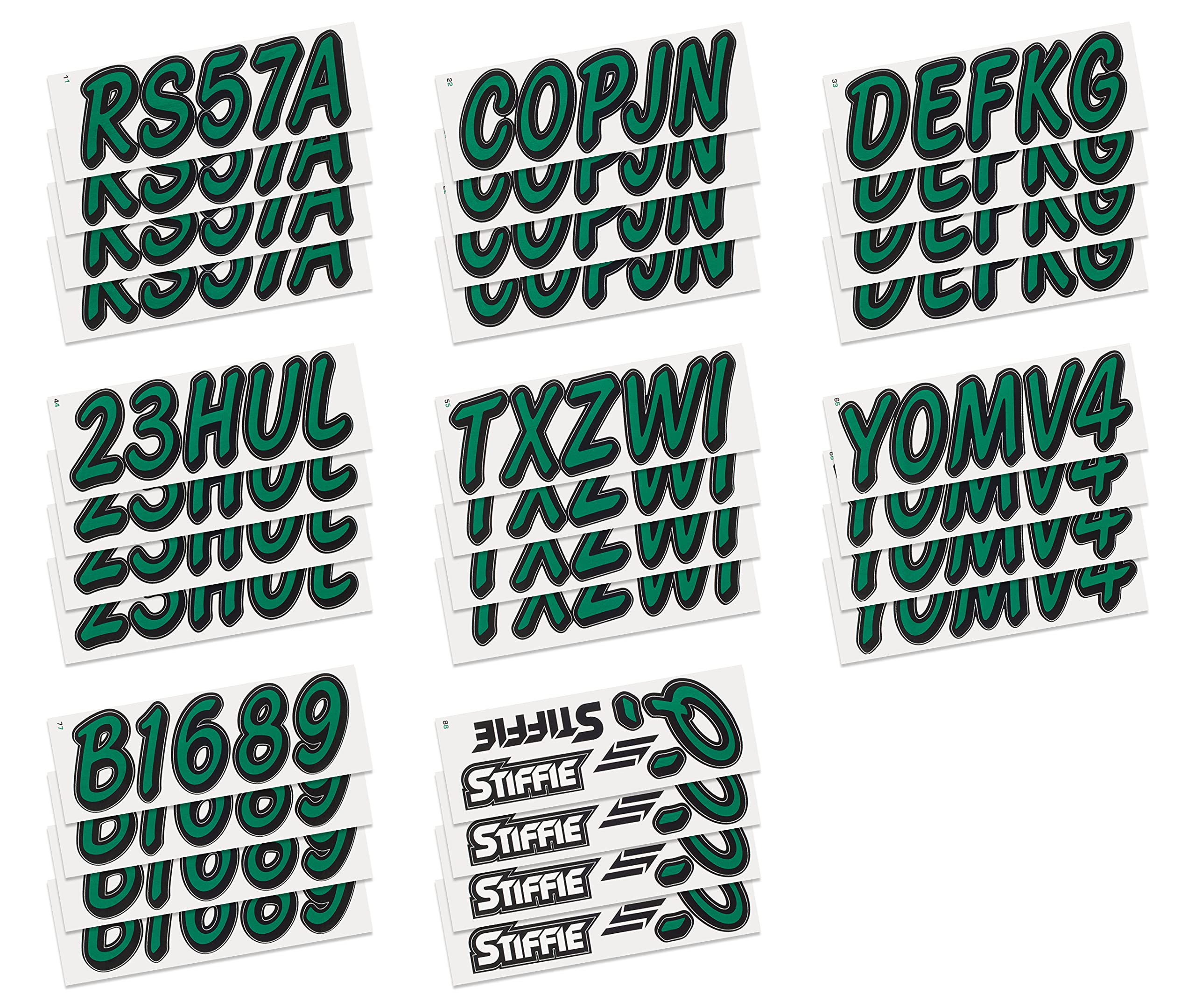 Stiffie Whipline Solid Racing Green/Black 3'' Alpha-Numeric Registration Identification Numbers Stickers Decals For Boats & Pers