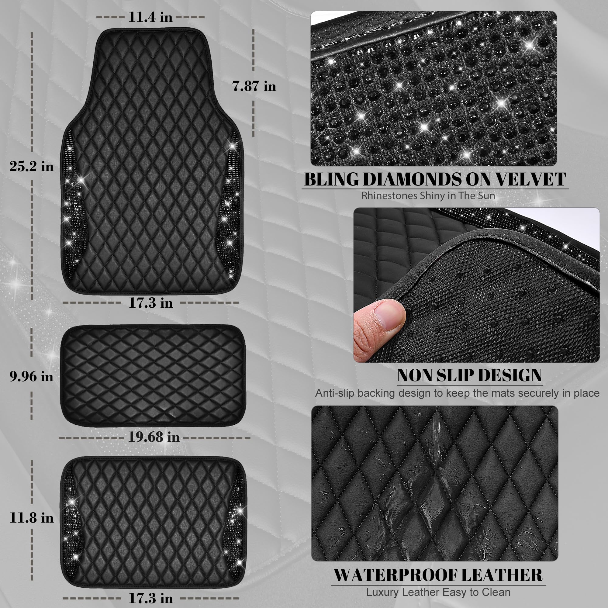 CAR PASS Bling Leather Car Mats Shining Diamond Floor Mats Sparkly Glitter Crystal Rhinestones Carpet Anti-Slip Waterproof Pad U