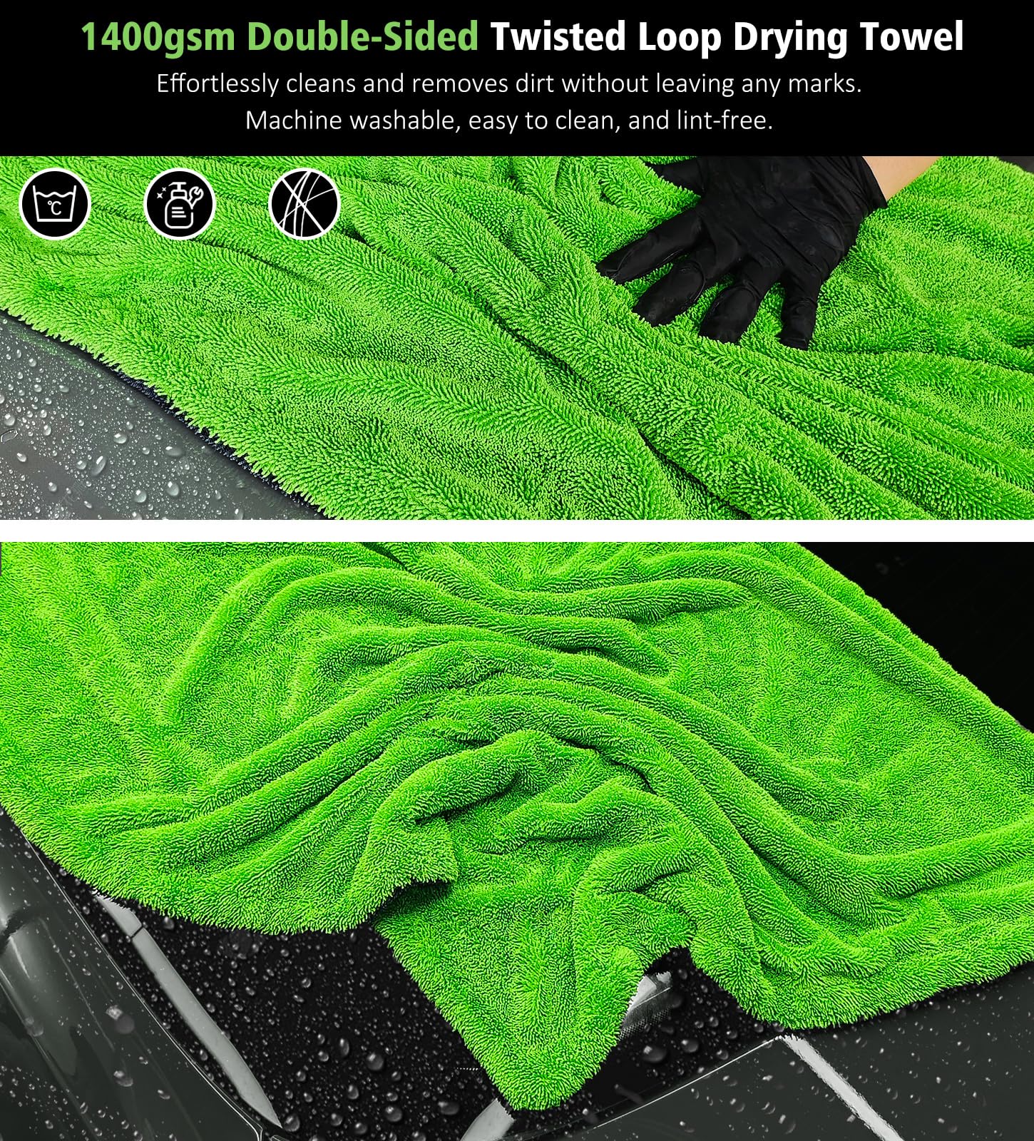 YeewayVeh 28'' x 36'' Car Drying Towel Extra Large, 1400 GSM Double Sided High Absorbent Car Wash Drying Towels, No Scratches or