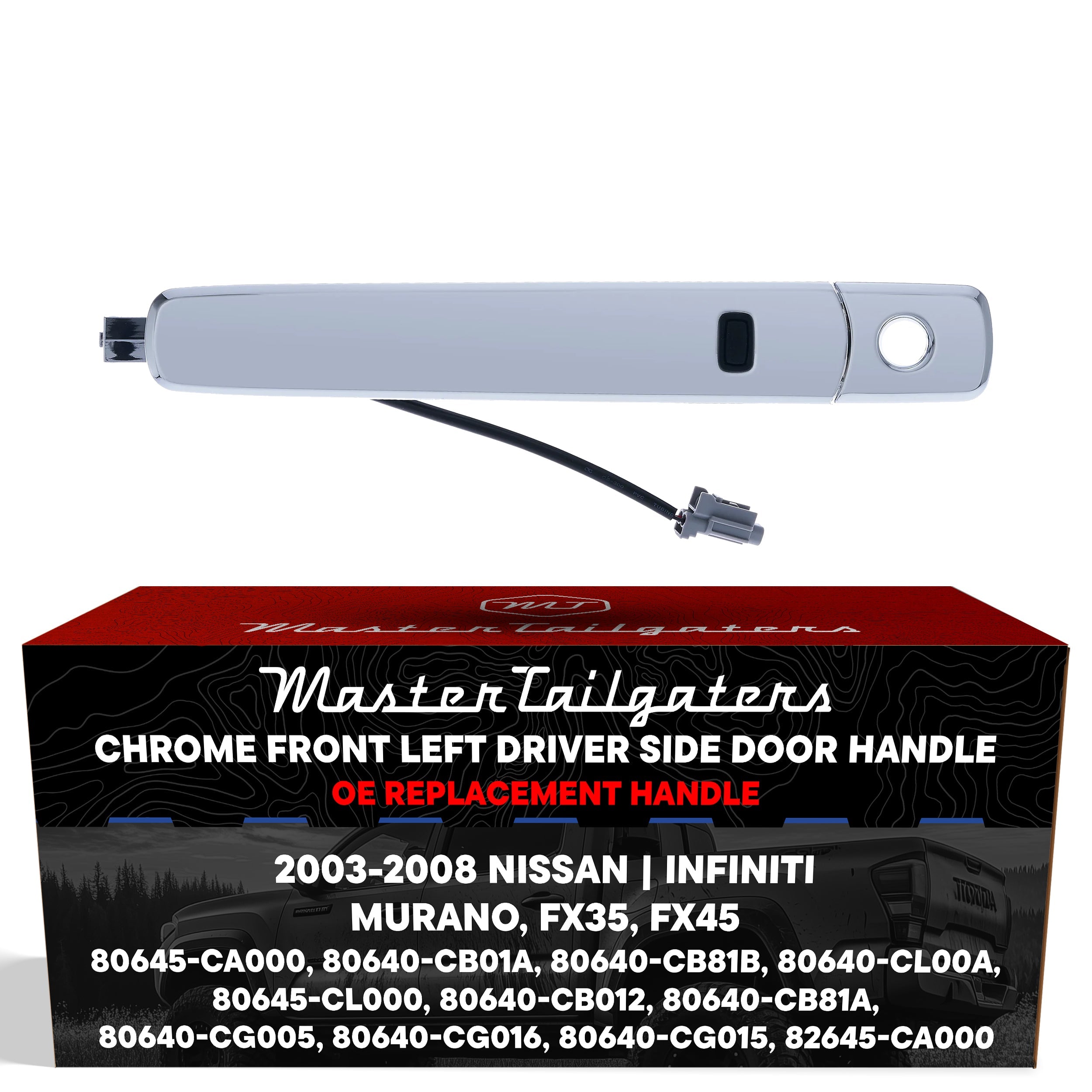 Exterior Door Handle Chrome Replacement for Nissan Murano (05-07) / Infiniti FX35 (03-08), FX45 (03-08) OE Part # 80645-CA000, 80640-CB01A, 80640-CB81B, 80640-CL00A | Front Left Driver Side