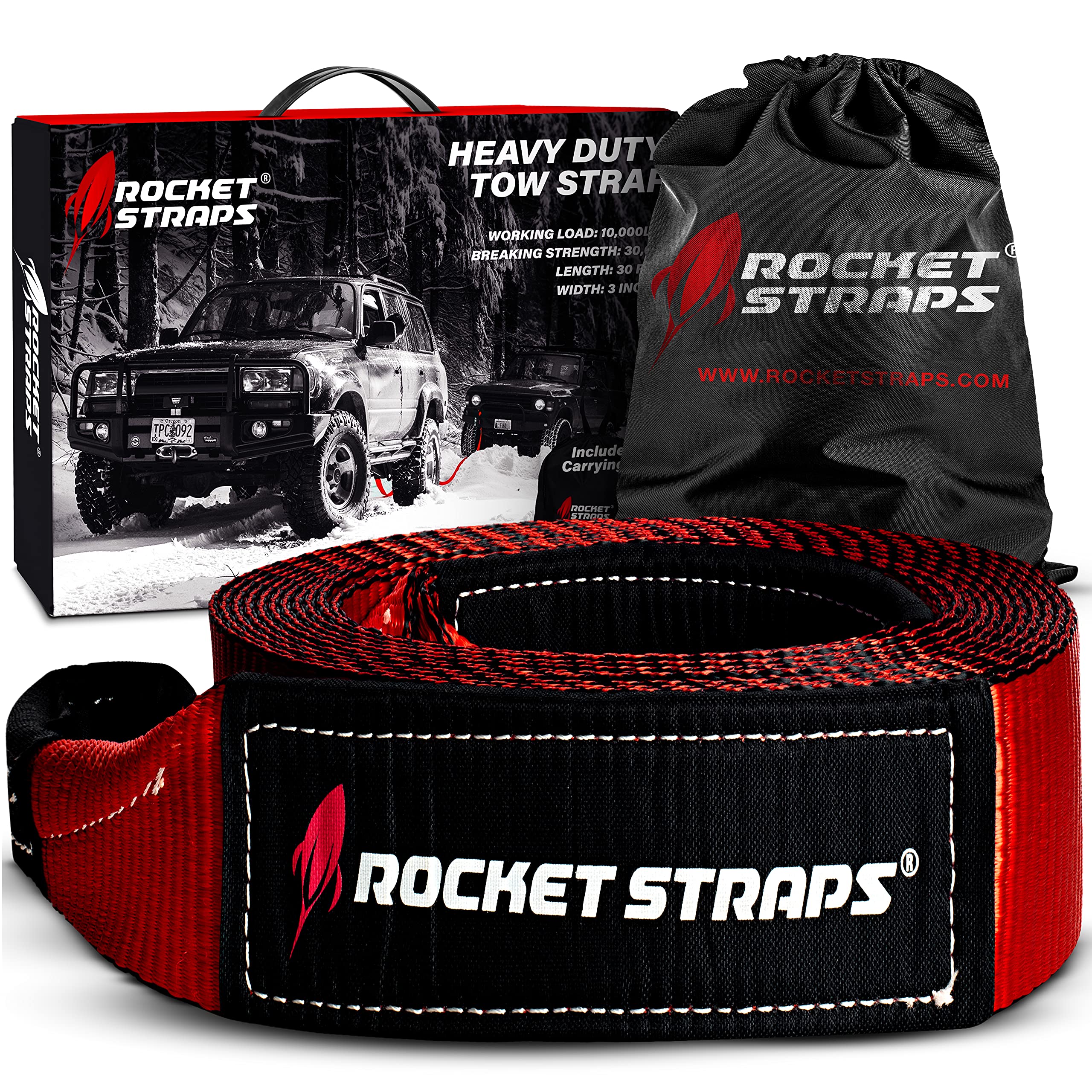 Rocket Straps Tow Strap - Premium Heavy Duty 3'' x 30' Recovery Tow Strap | 30,000 LBS Capacity Recovery Strap | Vehicle Tow Str