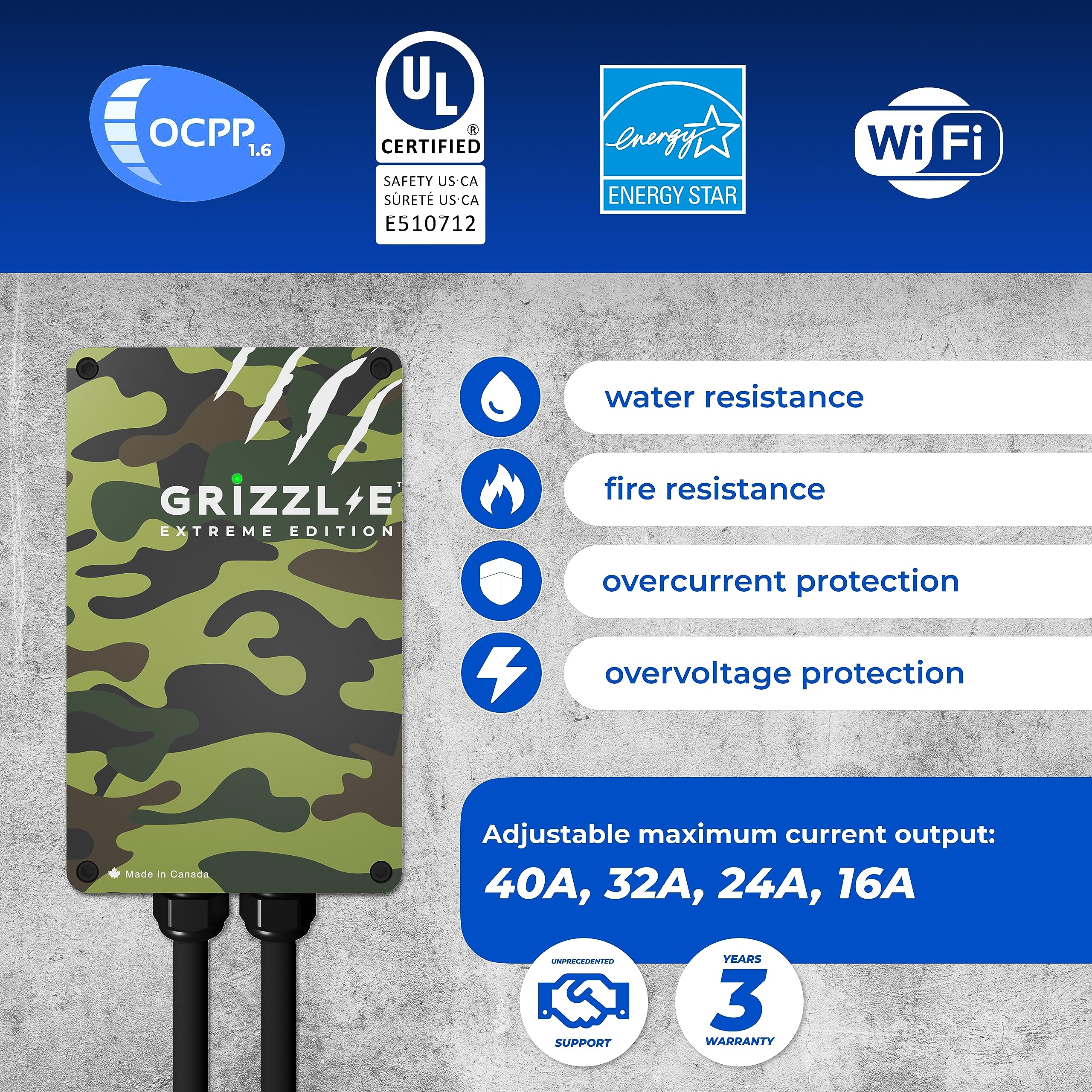 Grizzl-E Smart Level 2 240V / 40A Electric Vehicle (EV) Charger, Metal Case, UL Tested and Certified, Energy Star, Indoor/Outdoo