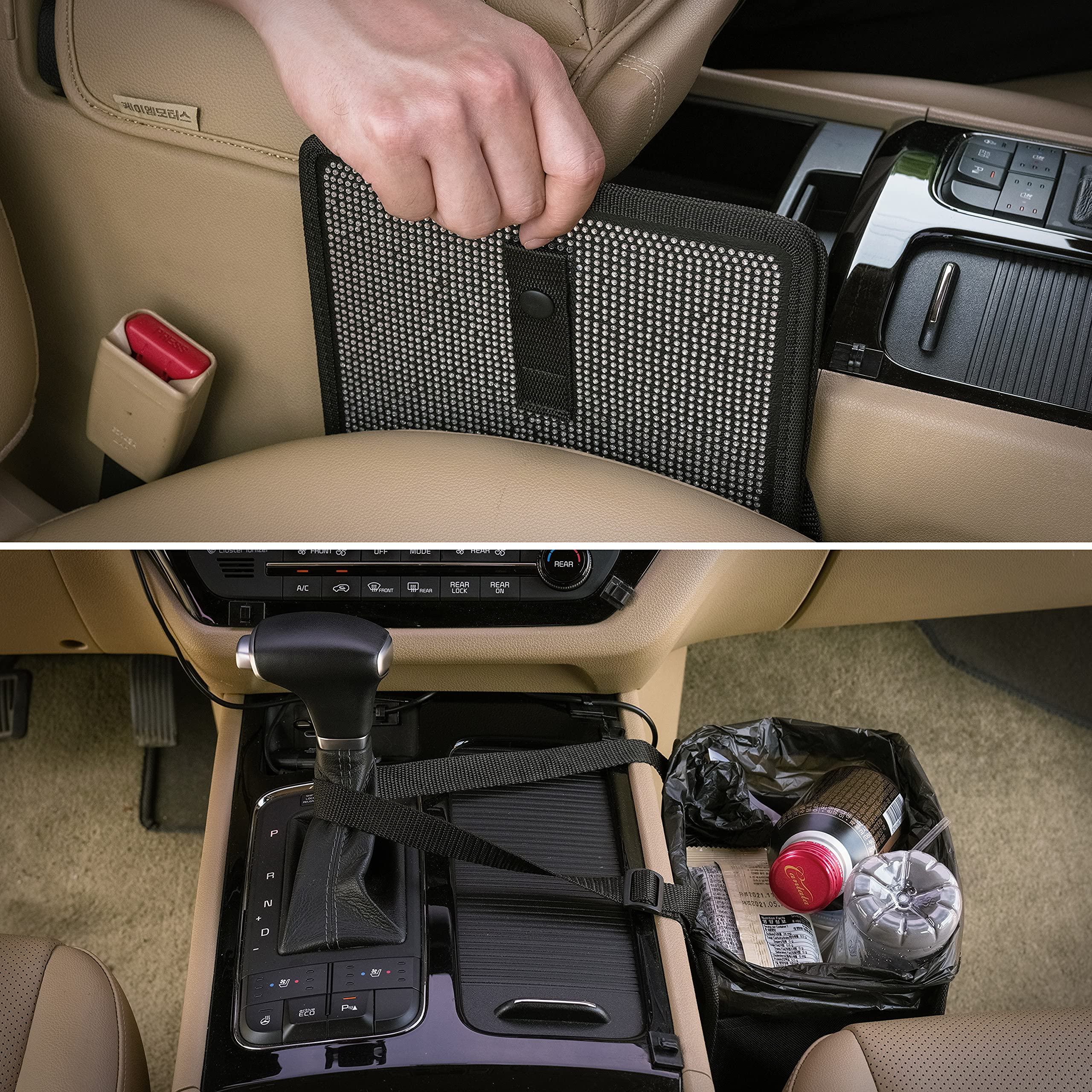 KMMOTORS Jopps Bling Car Trash Can - Foldable Diamond-Style Bin with Strap, PU Leather & Oxford, Waterproof, Sparkly Cubic Finis