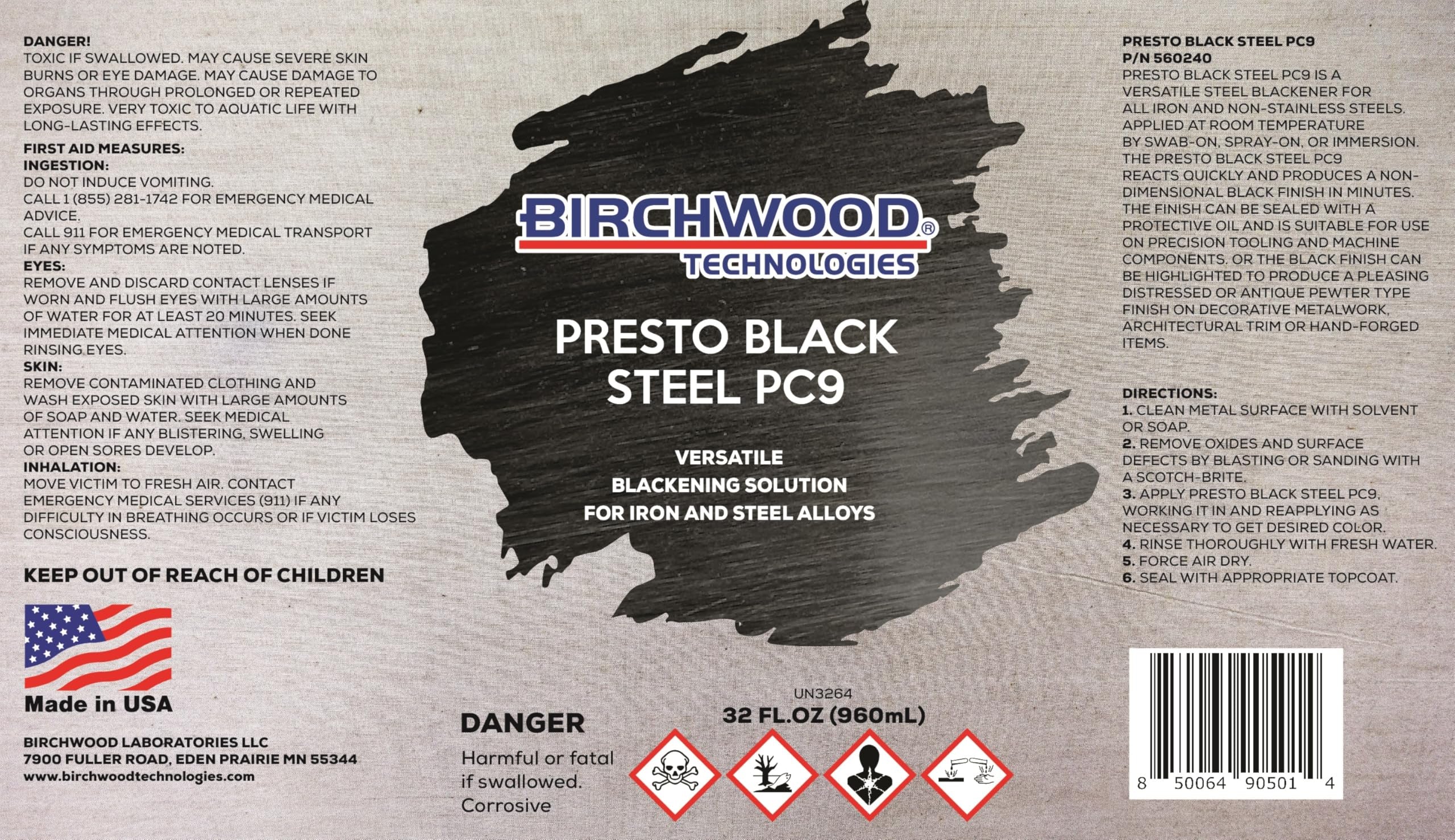 Birchwood Presto Black STEEL PC9 Technologies - versatile blackening solution for iron and steel alloys traditional patina steel