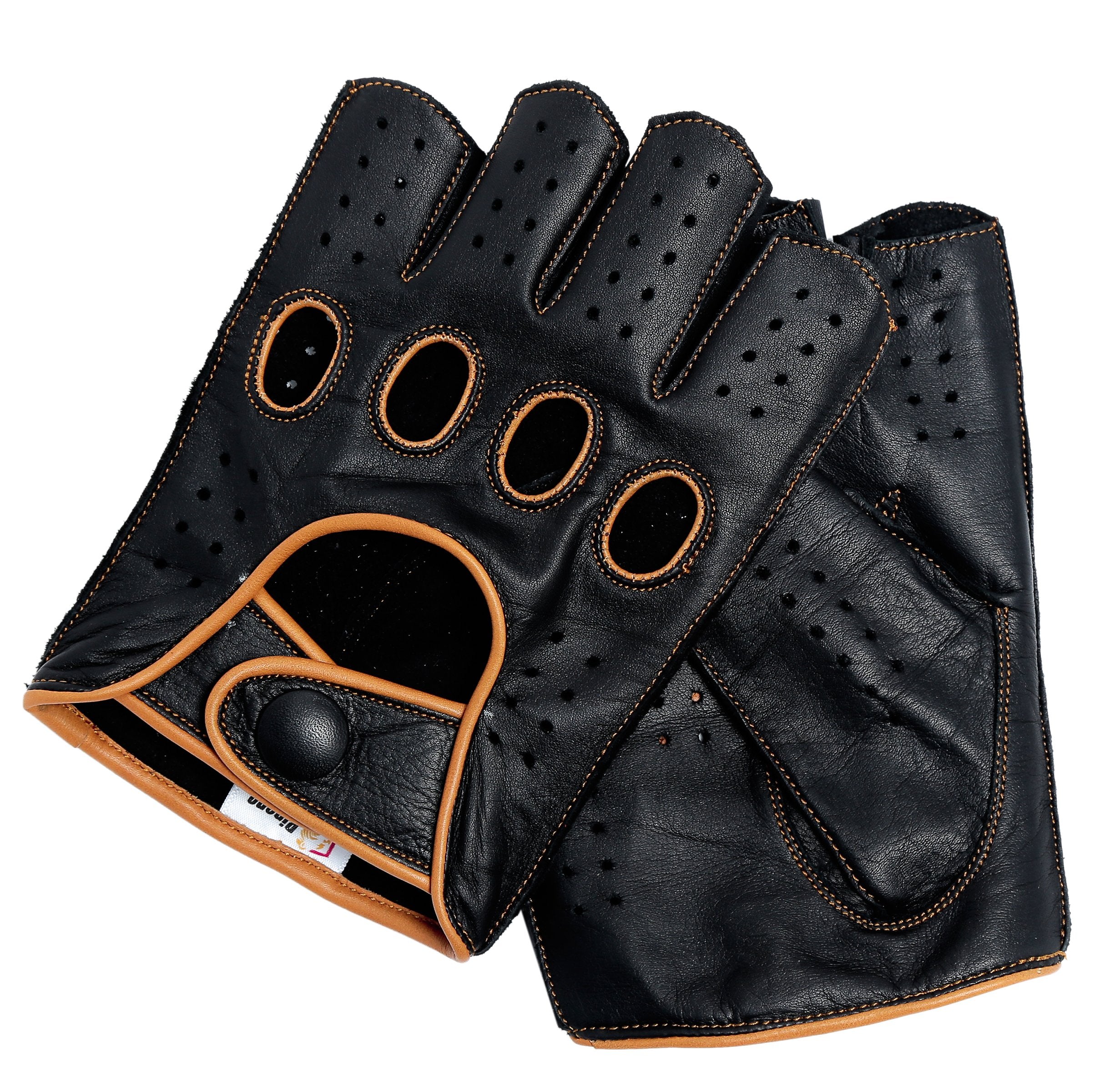Riparo Mens Genuine Leather Reverse Stitched Half-Finger Driving Motorcycle Gloves (Large, Black/Cognac)