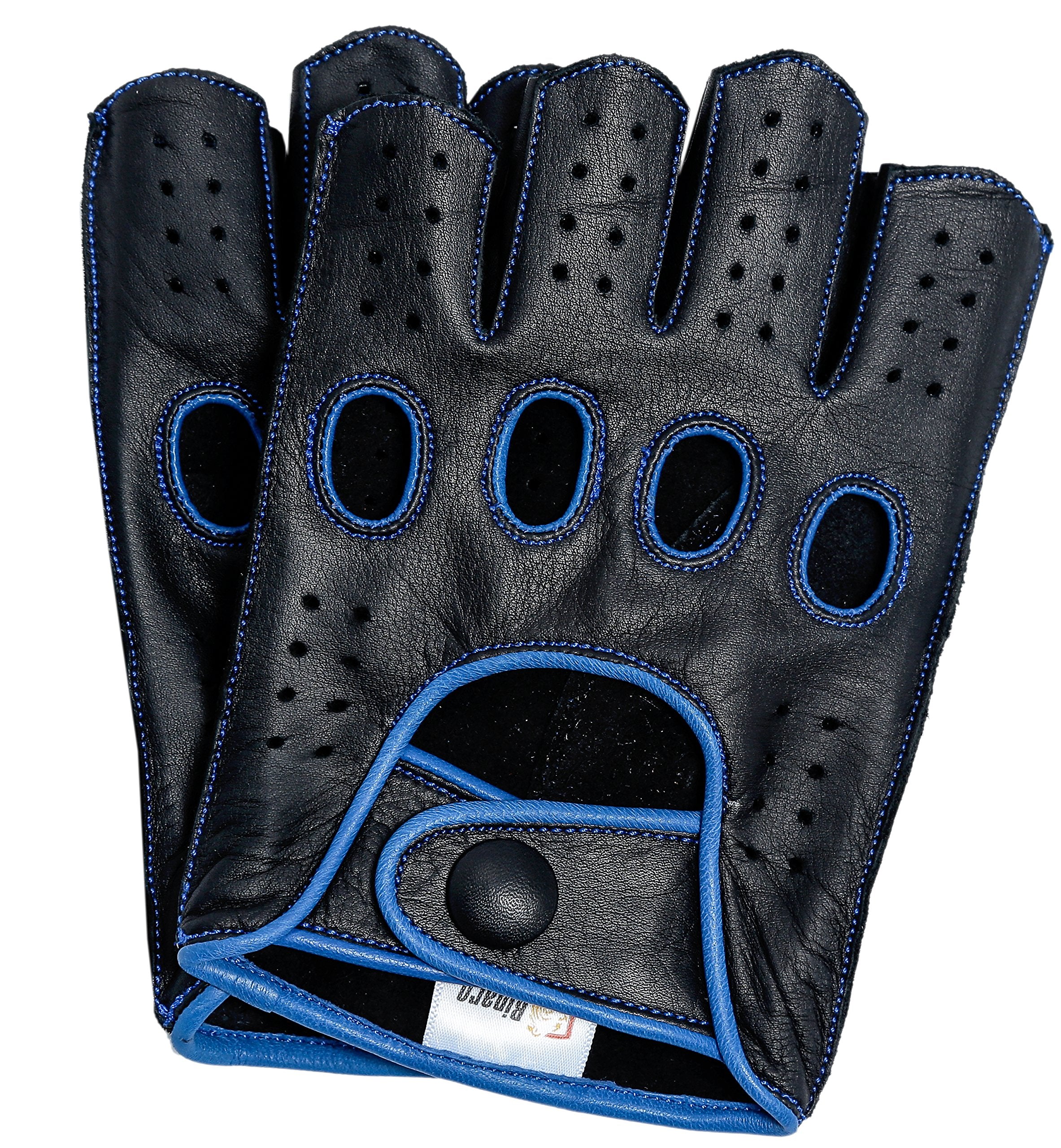 Riparo Mens Genuine Leather Reverse Stitched Half-Finger Driving Motorcycle Gloves (Large, Black/Blue)