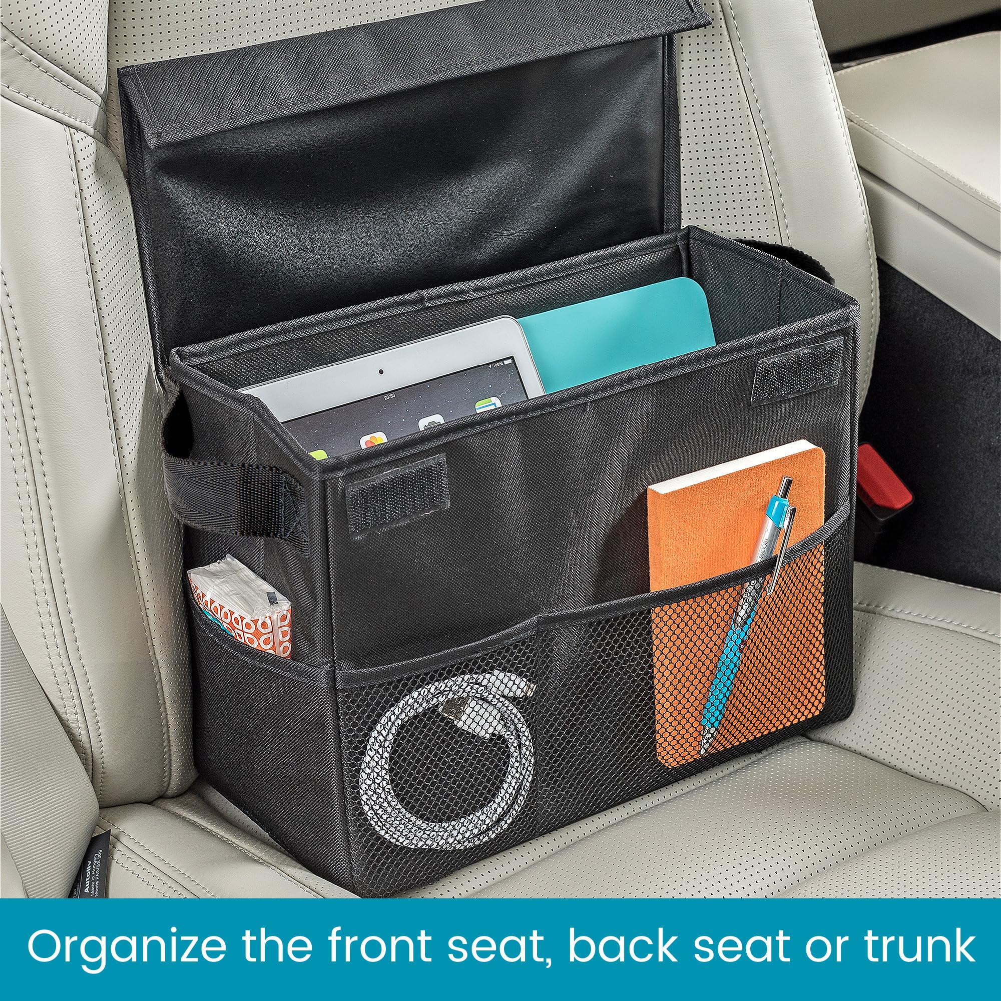 High Road Car Storage Organizer with Lid, Multipurpose Back or Front Seat Auto Console or Trunk Organizer, Univeral Fit in All V