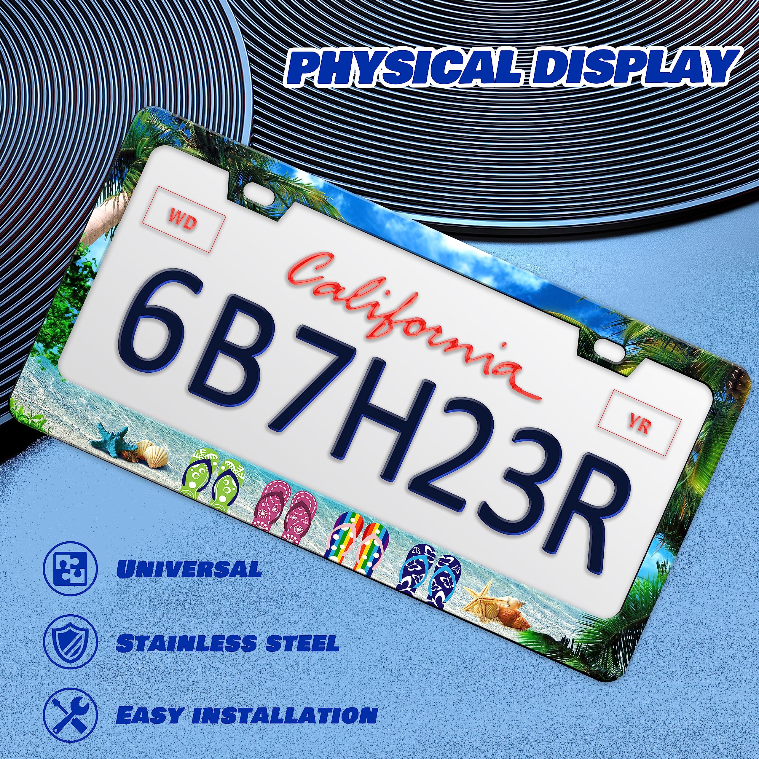 Sea Beach Slippers License Plate Frame Hawaiian Palm Tree License Plate Frames Personalise Stainless Steel Funny Design Compatib