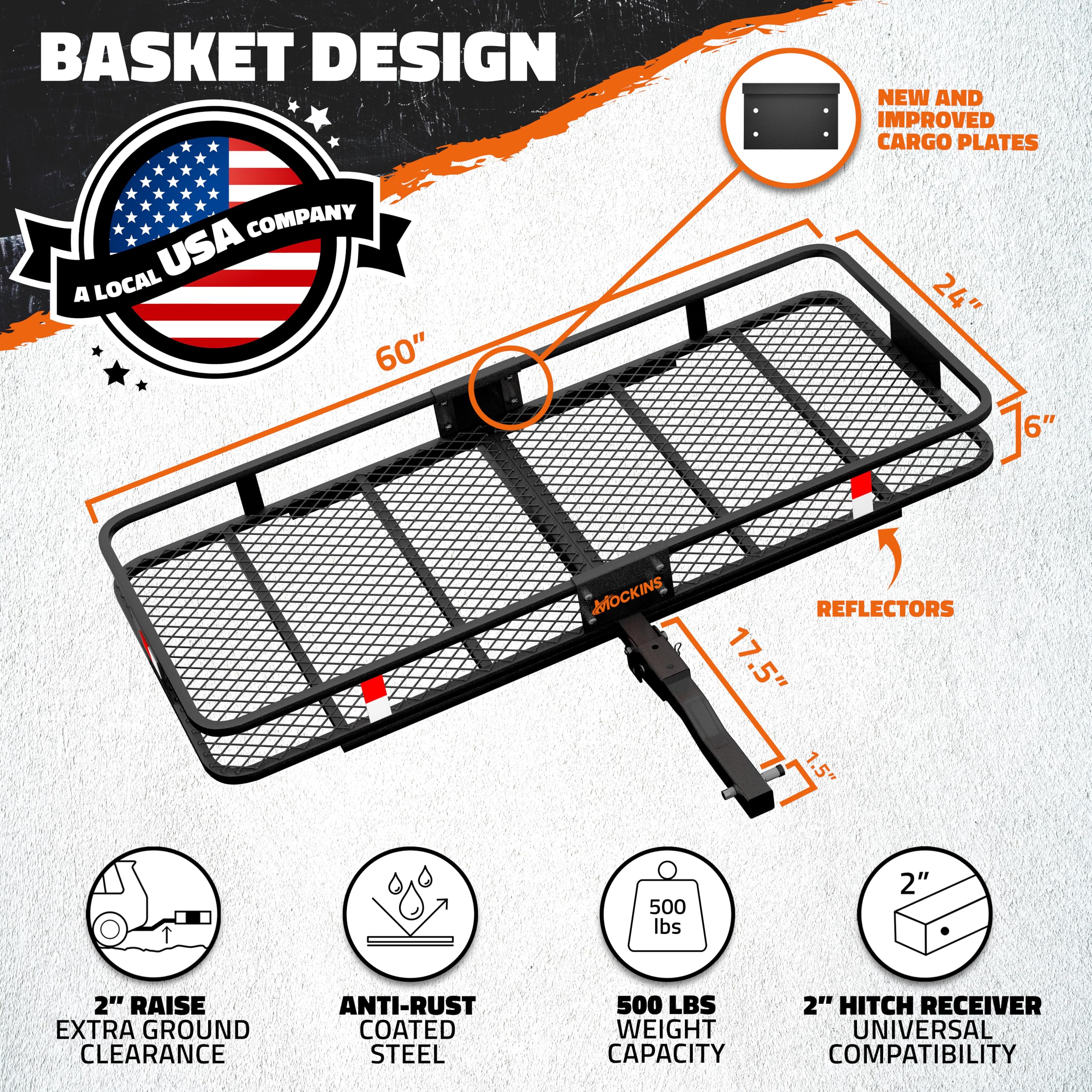 Mockins 60''X24''X6'' Heavy Duty Trailer Hitch Cargo Carrier With 500 Lbs. Capacity | Great For Camping, Road Trips, Moving & Mo