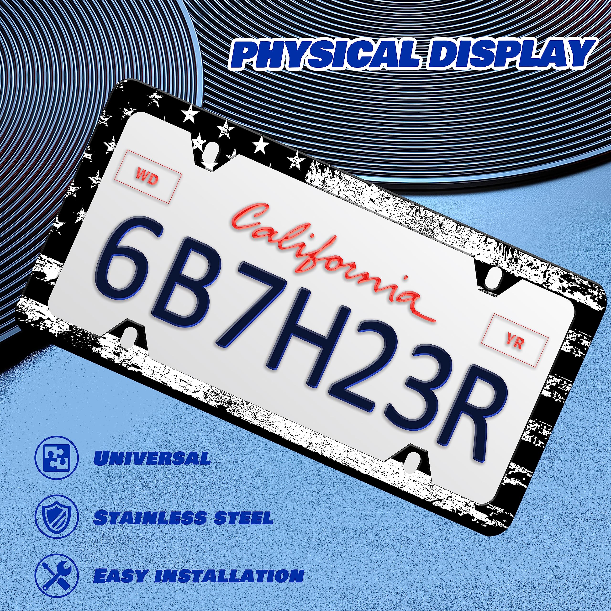 Vintage Black White American Flag License Plate Frame Patriotic Personalise Stainless Steel Funny Design Compatible With Standar