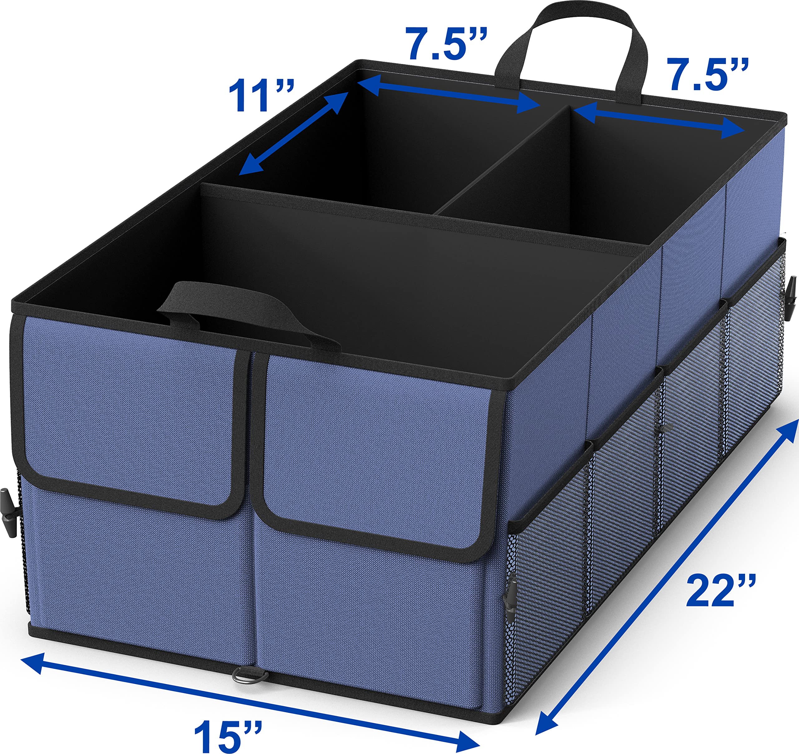 Epauto Foldable Car Trunk Organizer, 3-Compartment With Removable Divider, Blue