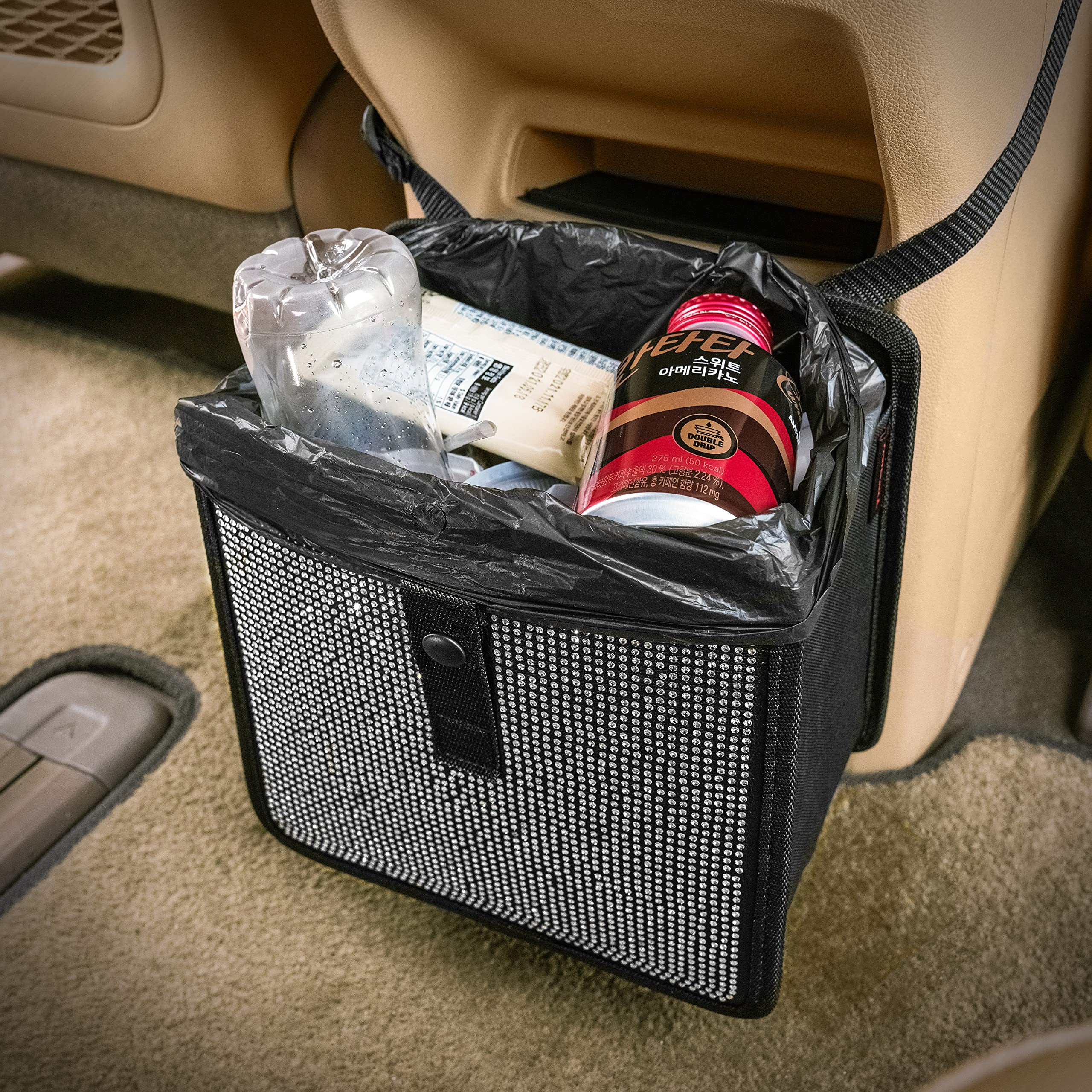 KMMOTORS Jopps Bling Car Trash Can - Foldable Diamond-Style Bin with Strap, PU Leather & Oxford, Waterproof, Sparkly Cubic Finis