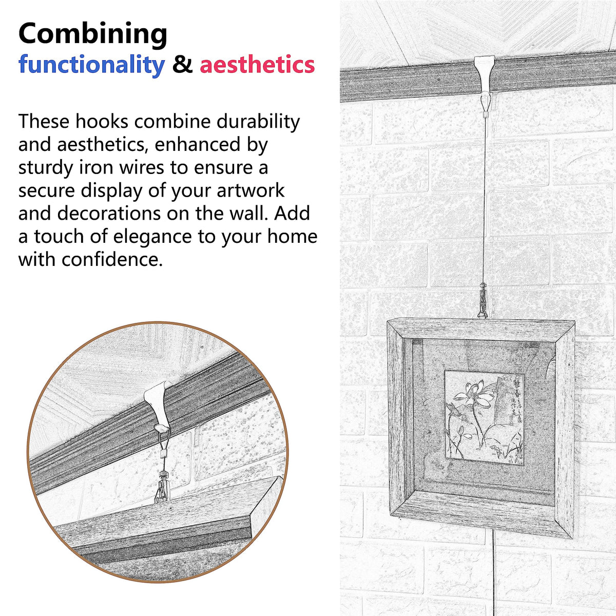 Picture Hanging Kit – Picture Rail Hooks with 6 of Each White Rail Hooks, 72 Inc WBHDWB09721QSLX