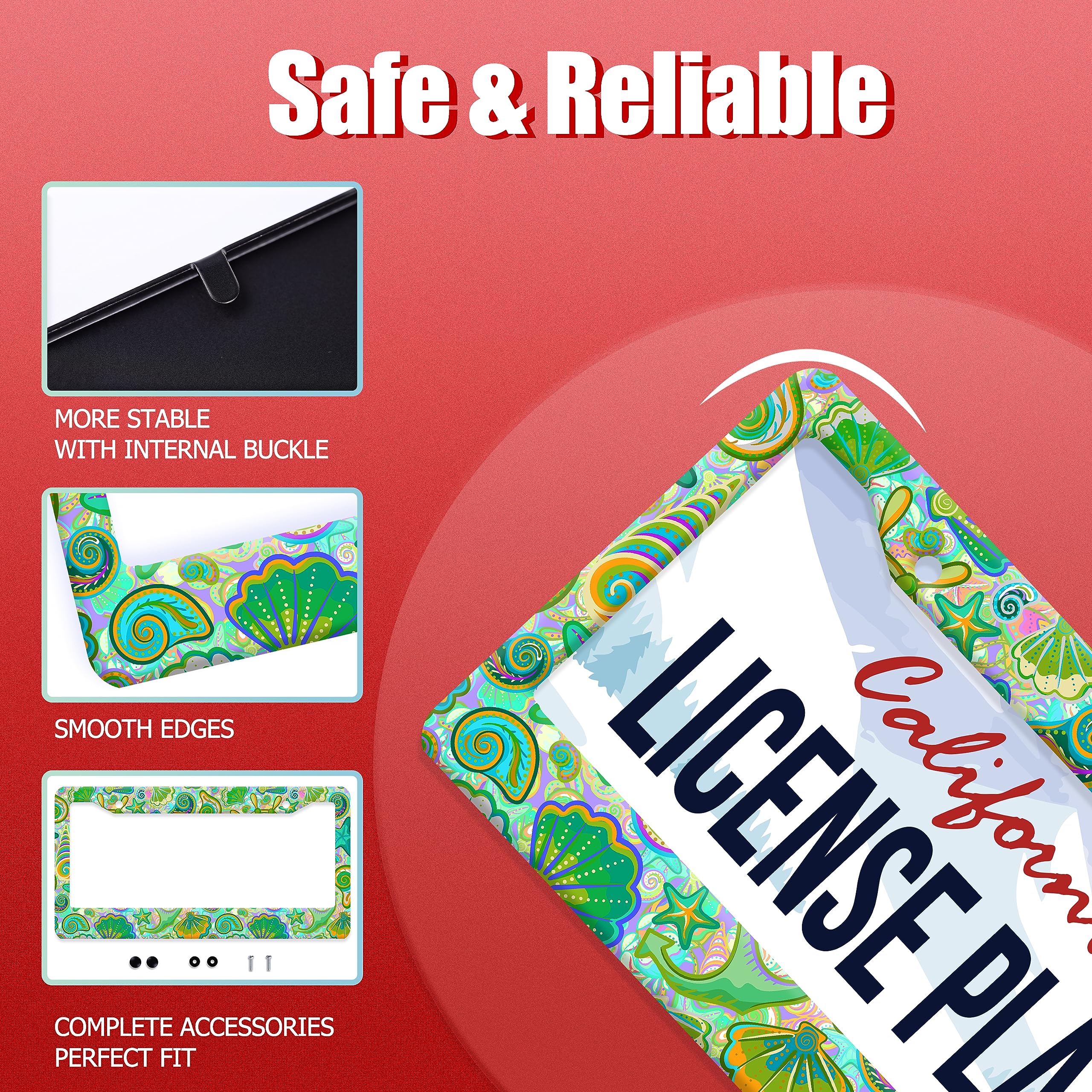 Colorful Marine Life License Plate Frame Funny Starfish Shell License Plate Stainless Steel Auto Parts Beautiful License Plate D