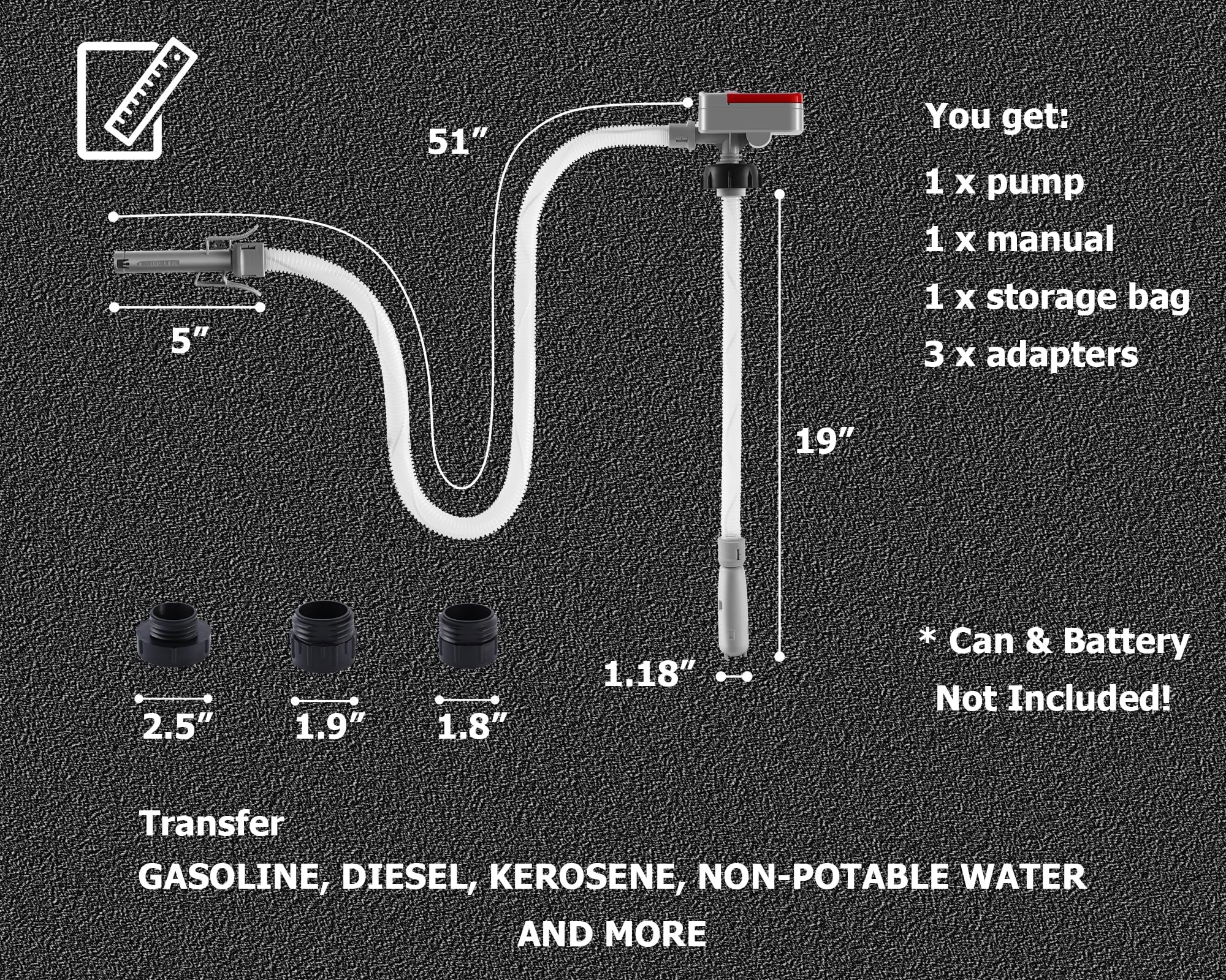 PETASOON Fuel Transfer Pump Battery Powered Electric Portable Gas Can Tank Pump for Gasoline Diesel kerosene Liquid with Flexibl