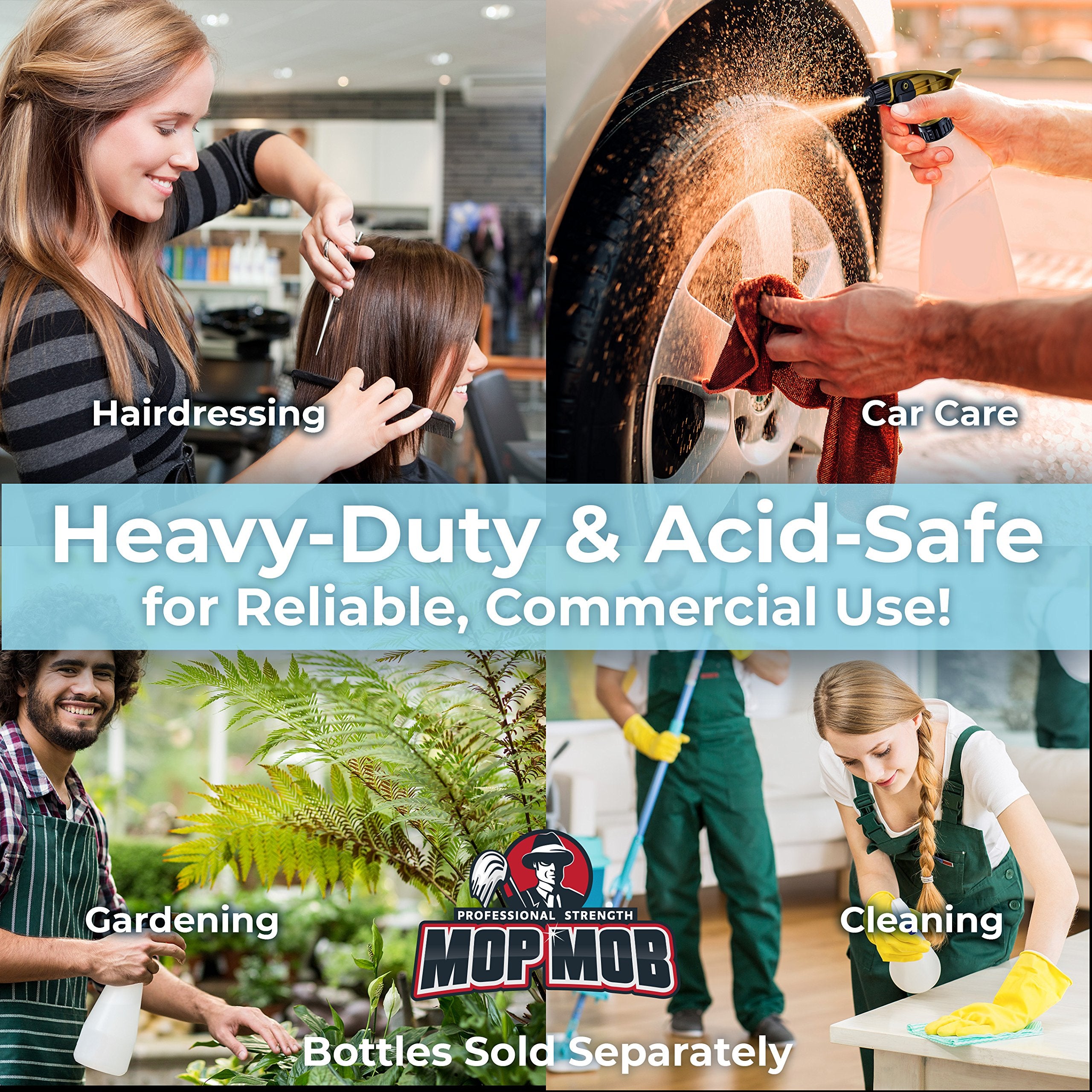 Mop Mob Leak-Free Acid Resistant Spray Head 4 Pack By Durable Industrial Sprayer For Acid-Based Wheel Cleaner Used In Auto/Car Detailing. Heavy Duty Low-Fatigue Trigger And Nozzle With 9 1/4 Dip Tube