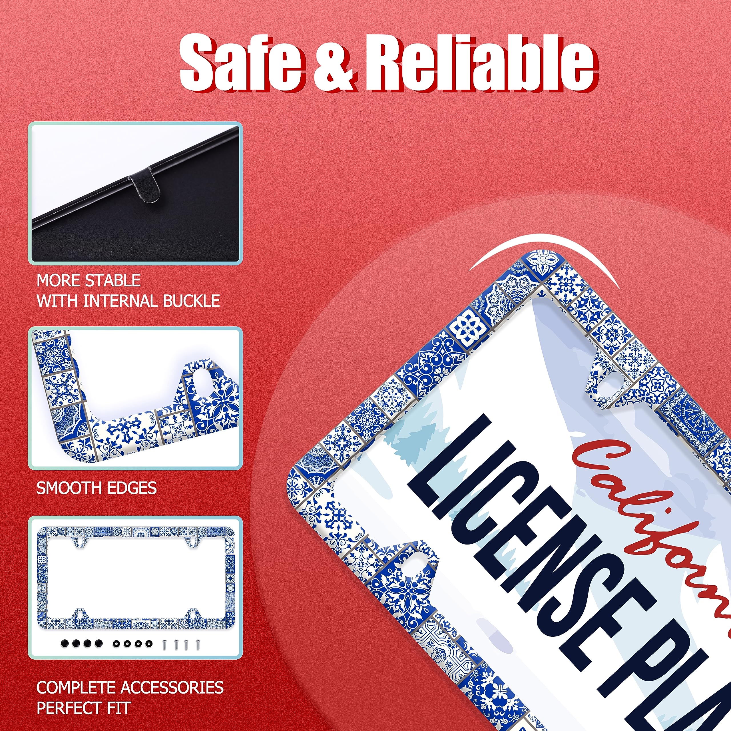 Blue and White Mexican Tiles License Plate Frame Beautiful Boho Mandala Tiles License Plate Stainless Steel Funny Auto Parts Col