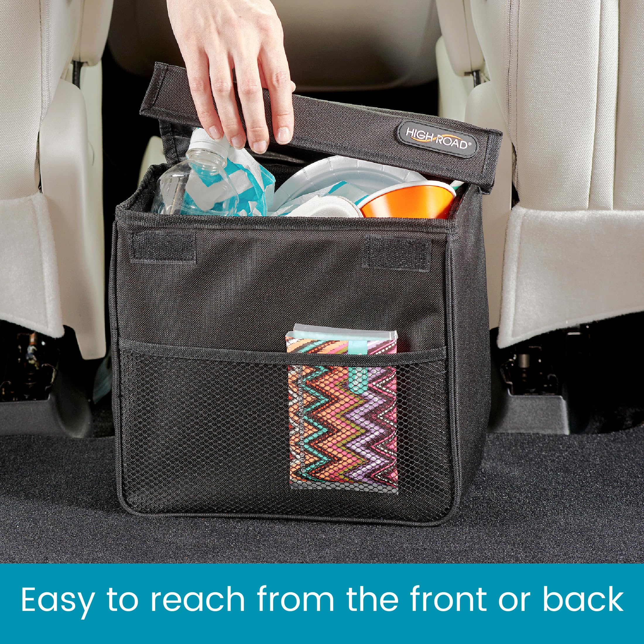 High Road Trashstand Weighted Car Trash Can With Lid And Removable Leakproof Liner - Universal Fit Behind Center Console In Back