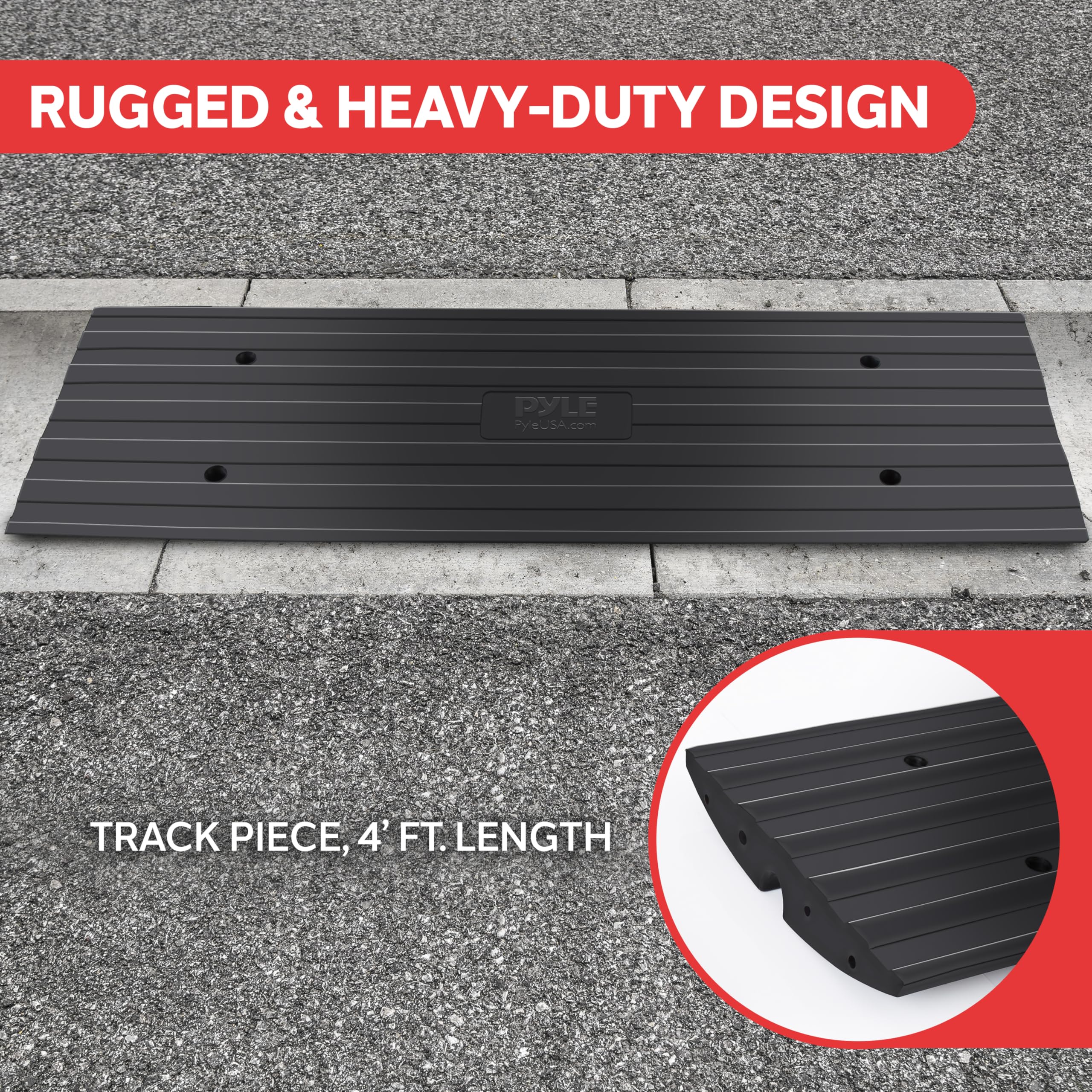 Pyle Car Vehicle Curbside Driveway Ramp - 4Ft Heavy Duty Rubber Threshold Bridge Tracks Curb Ramps, 2 Pieces Set (For Car, Truck