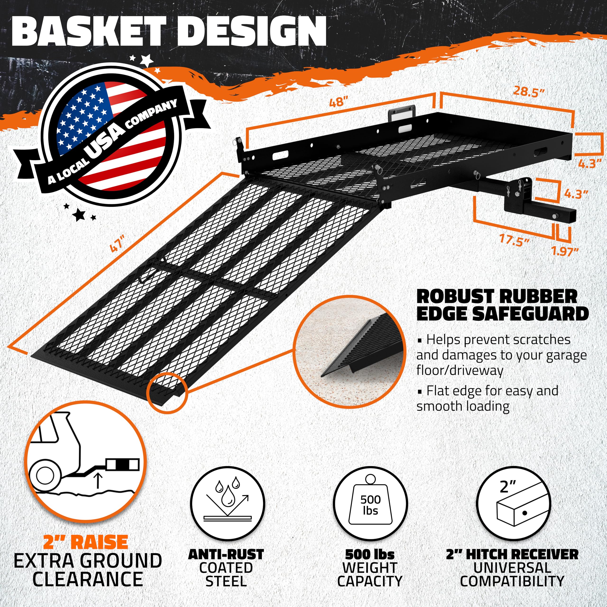 Mockins 48''x28.5''x4'' Heavy Duty Trailer Hitch Cargo Carrier with Ramp for Wheelchair | 500 Lbs. Capacity Folding Steel Cargo