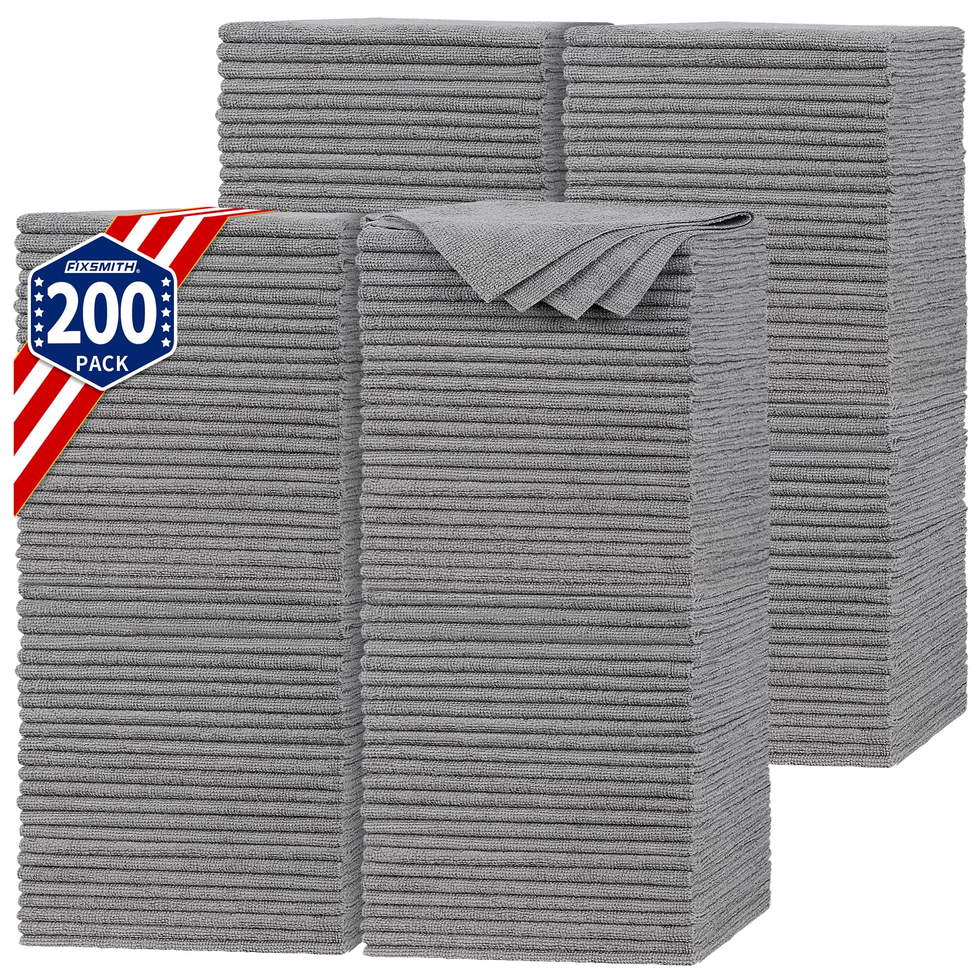 FIXSMITH Shop Towels, Pack of 200, Grey Microfiber Cleaning Cloth Bulk, Microfiber Towels for Cars, All-Purpose Absorbent Cleani