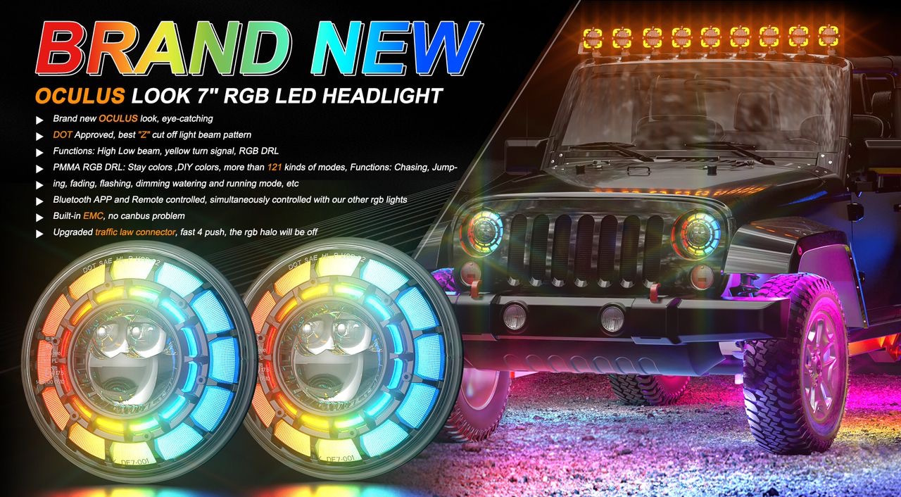 SPDZ1 Oculus 7" RGB LED Headlights with LED RGB Fog Light Kit – App Controlled Multi-Mode Halo