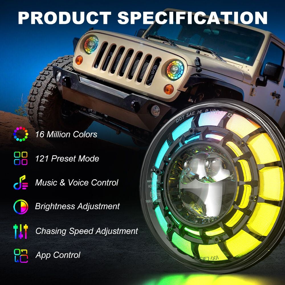 SPDZ1 Oculus 7" RGB LED Headlights with LED RGB Fog Light Kit – App Controlled Multi-Mode Halo