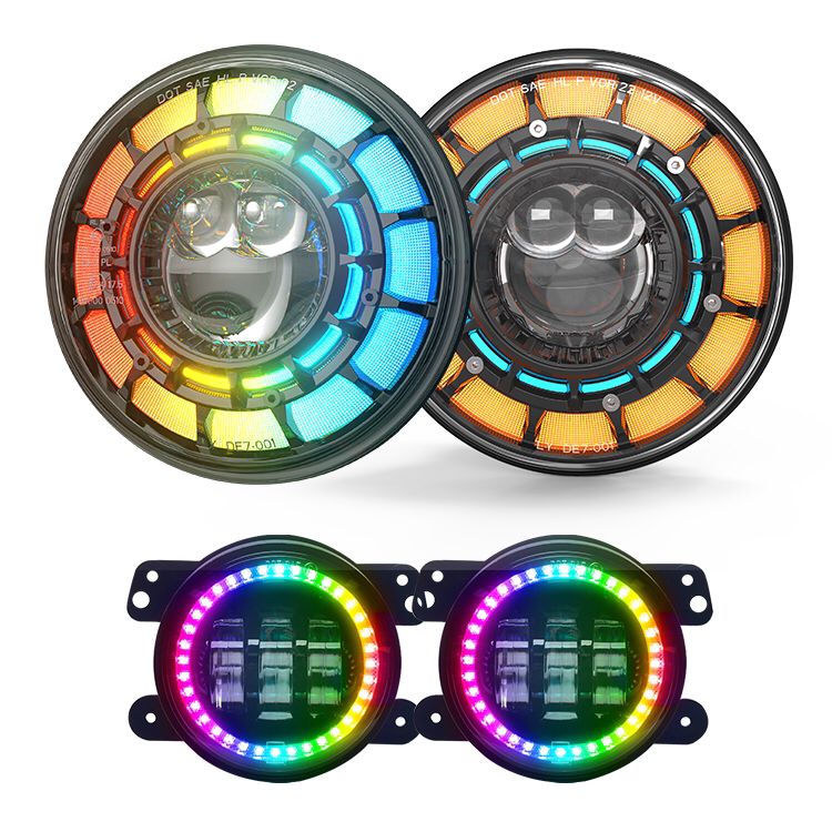 SPDZ1 Oculus 7" RGB LED Headlights with LED RGB Fog Light Kit – App Controlled Multi-Mode Halo