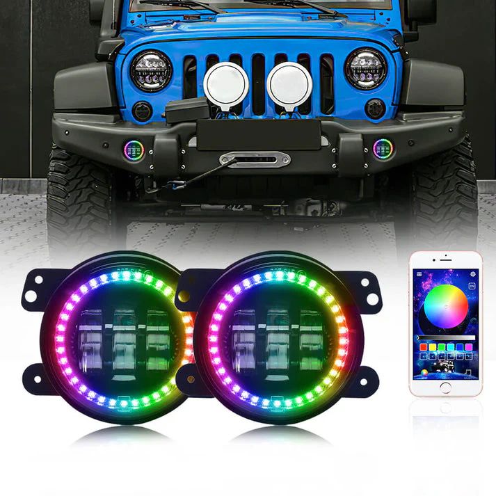 SPDZ1 Oculus 7" RGB LED Headlights with LED RGB Fog Light Kit – App Controlled Multi-Mode Halo