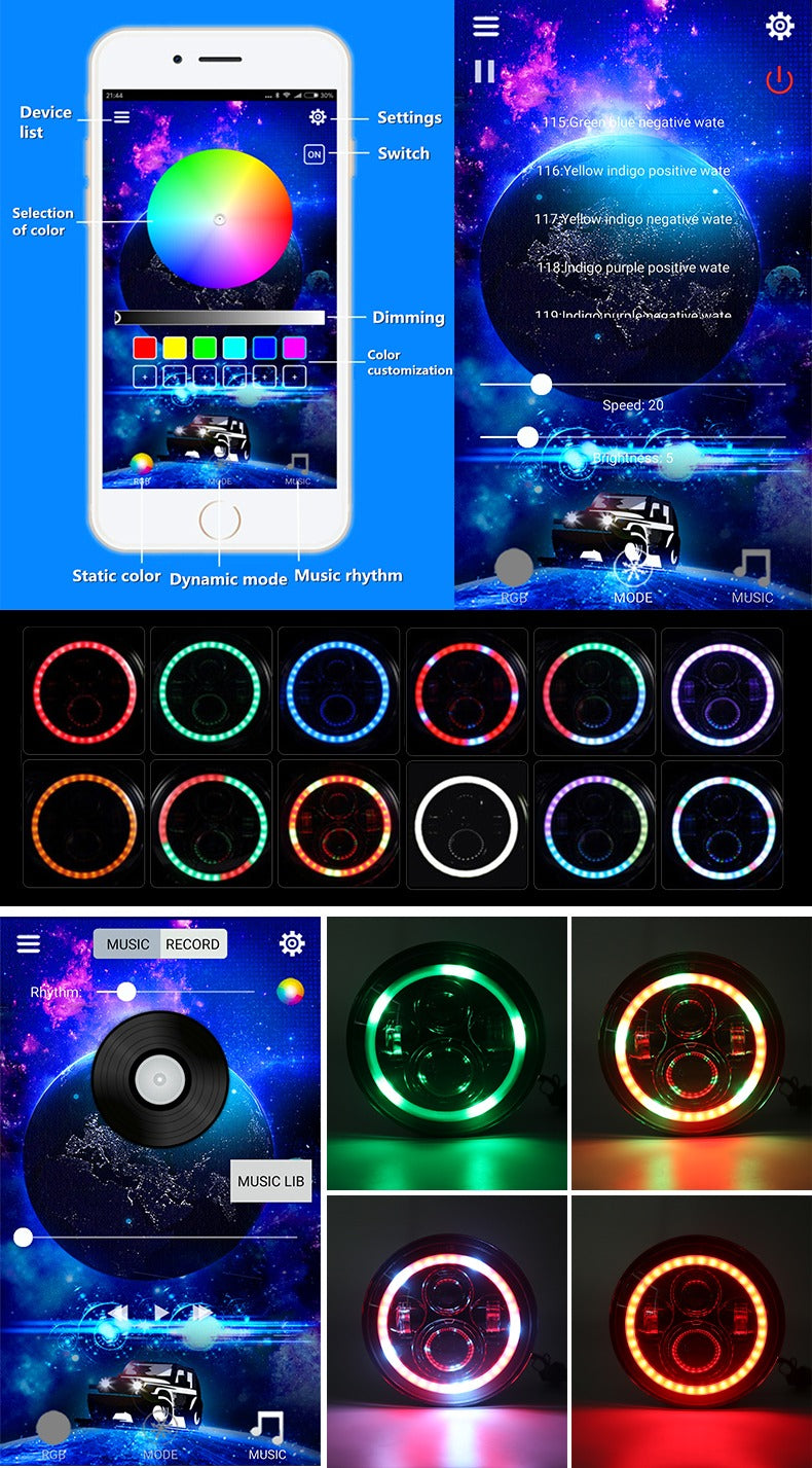 SPDZ1 Oculus 7" RGB LED Headlights with LED RGB Fog Light Kit – App Controlled Multi-Mode Halo