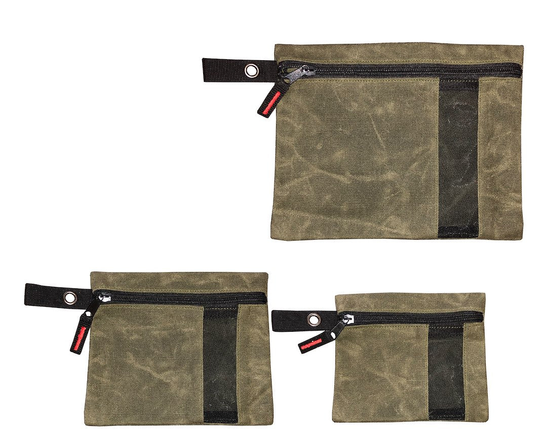 Overland Vehicle Systems Small Size 3-Bag Set Of Storage Bags With Mesh Windows- #12 Waxed Canvas - Infused With Paraffin Wax Waterproofing - Universal For, Tools, Automotive, And More!