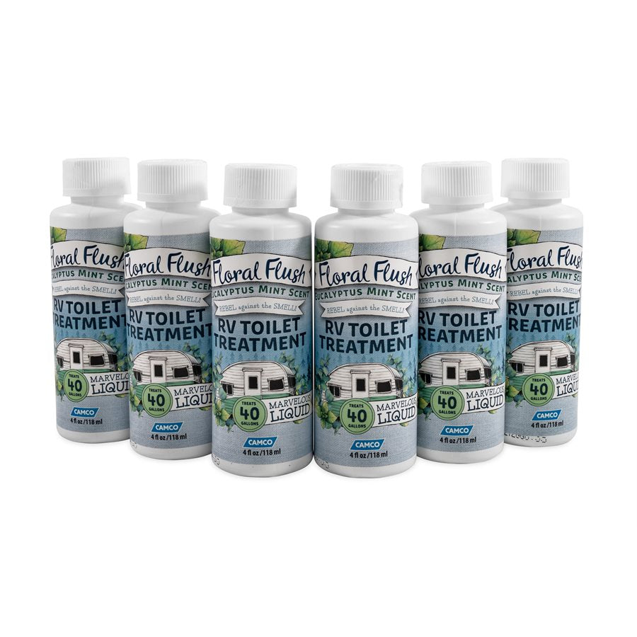 Camco 41482 Floral Flush Rv Toilet Treatment Singles, Eucalyptus Mint Scent - Eliminates Odors And Breaks Down Waste - Each Bottle Treats Up To 40-Gallons - Contains (6) 4 Oz. Bottles