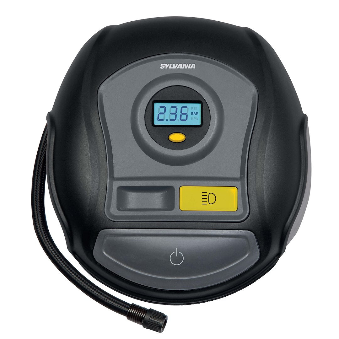 Sylvania Pro Portable Tire Inflator - Functions As A Portable Air Compressor - For Cars Tires, Bikes & More - Digital Dial On Car Tire Inflator - 3 Piece Adapter Set