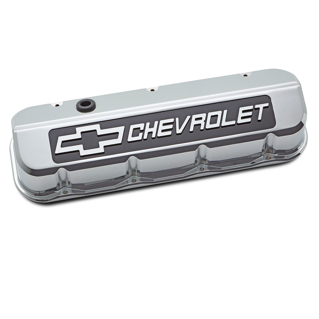 Proform Valve Cover, Slant-Edge, Tall, Baffled, Breather Hole, Blackfield Chevrolet Logo, Aluminum, Chrome