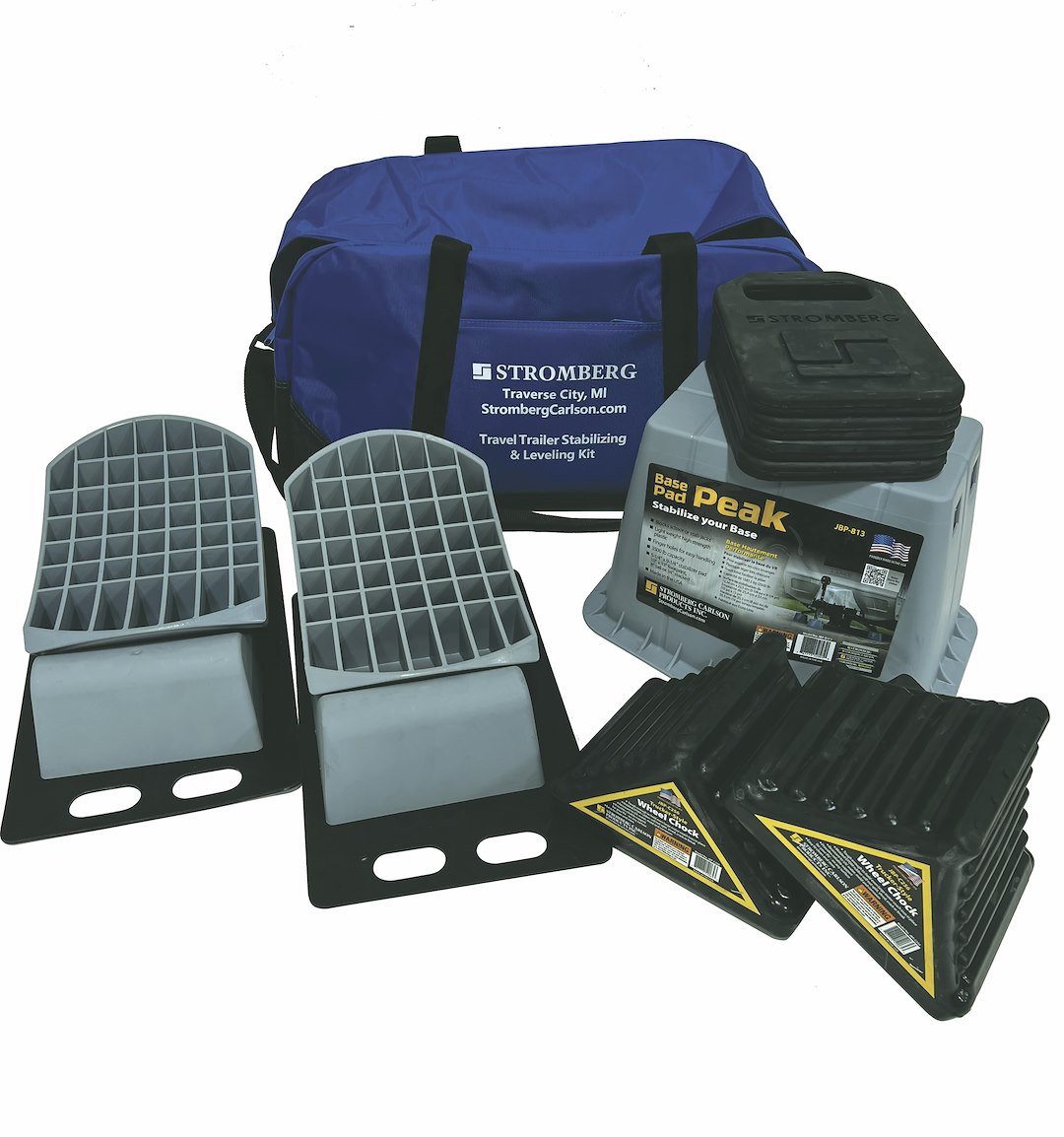Stromberg Carlson Travel Trailer Leveler Kit - One Base Pad Peak For Tongue Jack, Two Rubber Wheel Chocks, Two Levelers For Rv Campers, Two Anti-Slip Mats For Levelers, Four Base Pads And Storage Bag